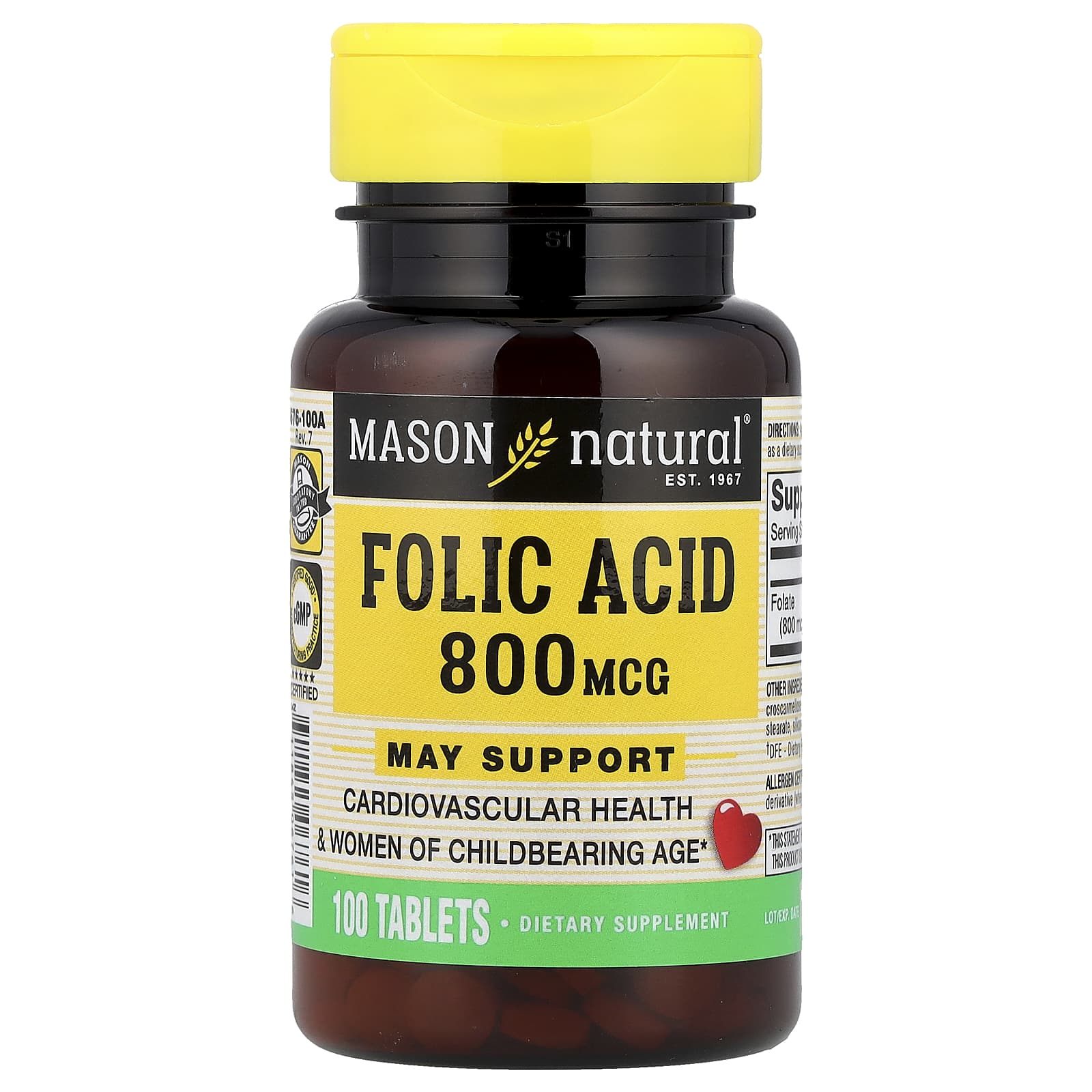 Mason Natural, Folic Acid, 800 mcg, 100 Tablets - Image 1