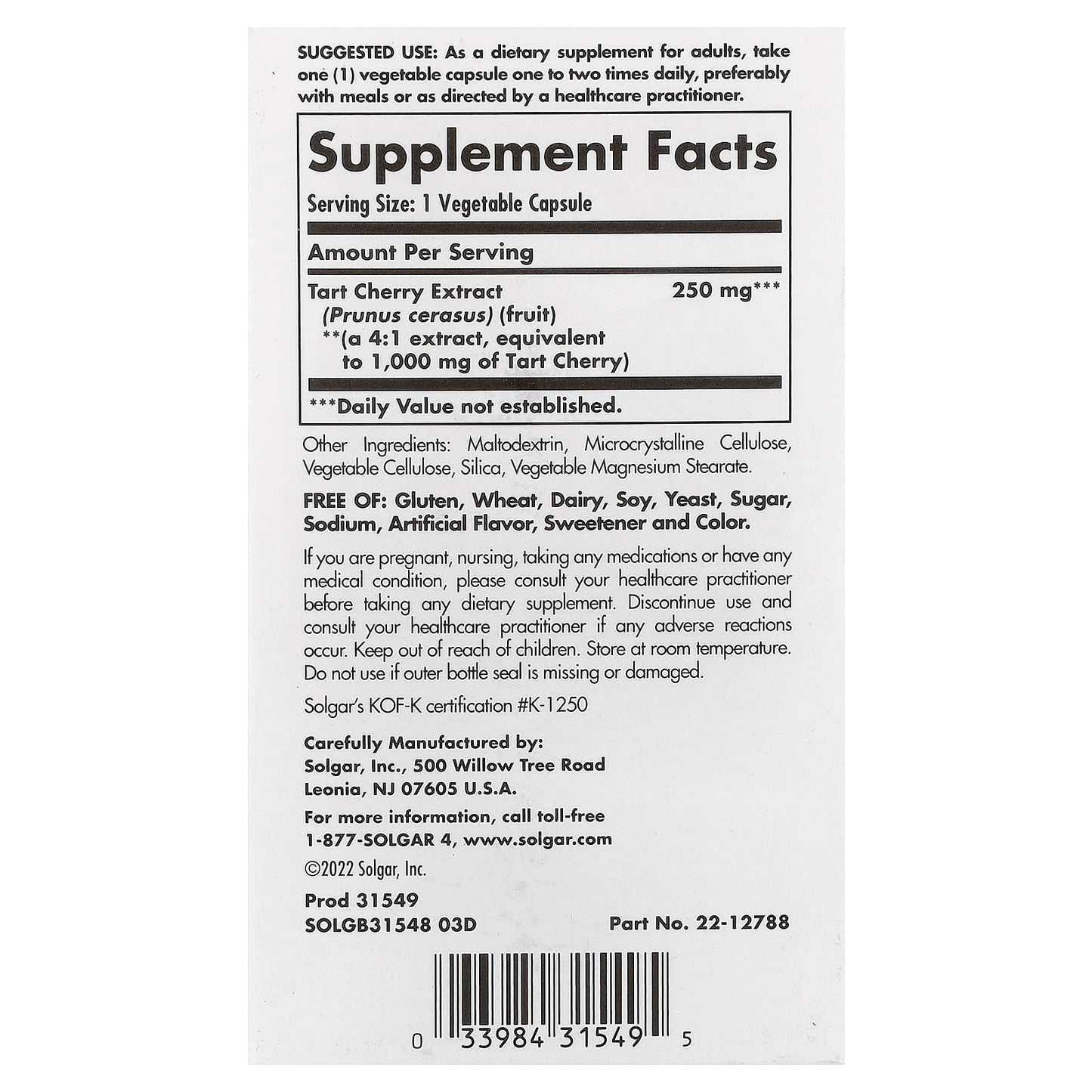 Solgar, Tart Cherry Extract, 1,000 mg, 90 Vegetable Capsules - Image 2