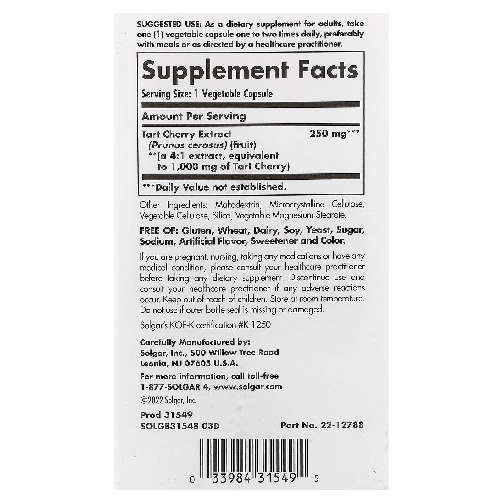 Solgar, Tart Cherry Extract, 1,000 mg, 90 Vegetable Capsules - Image 2