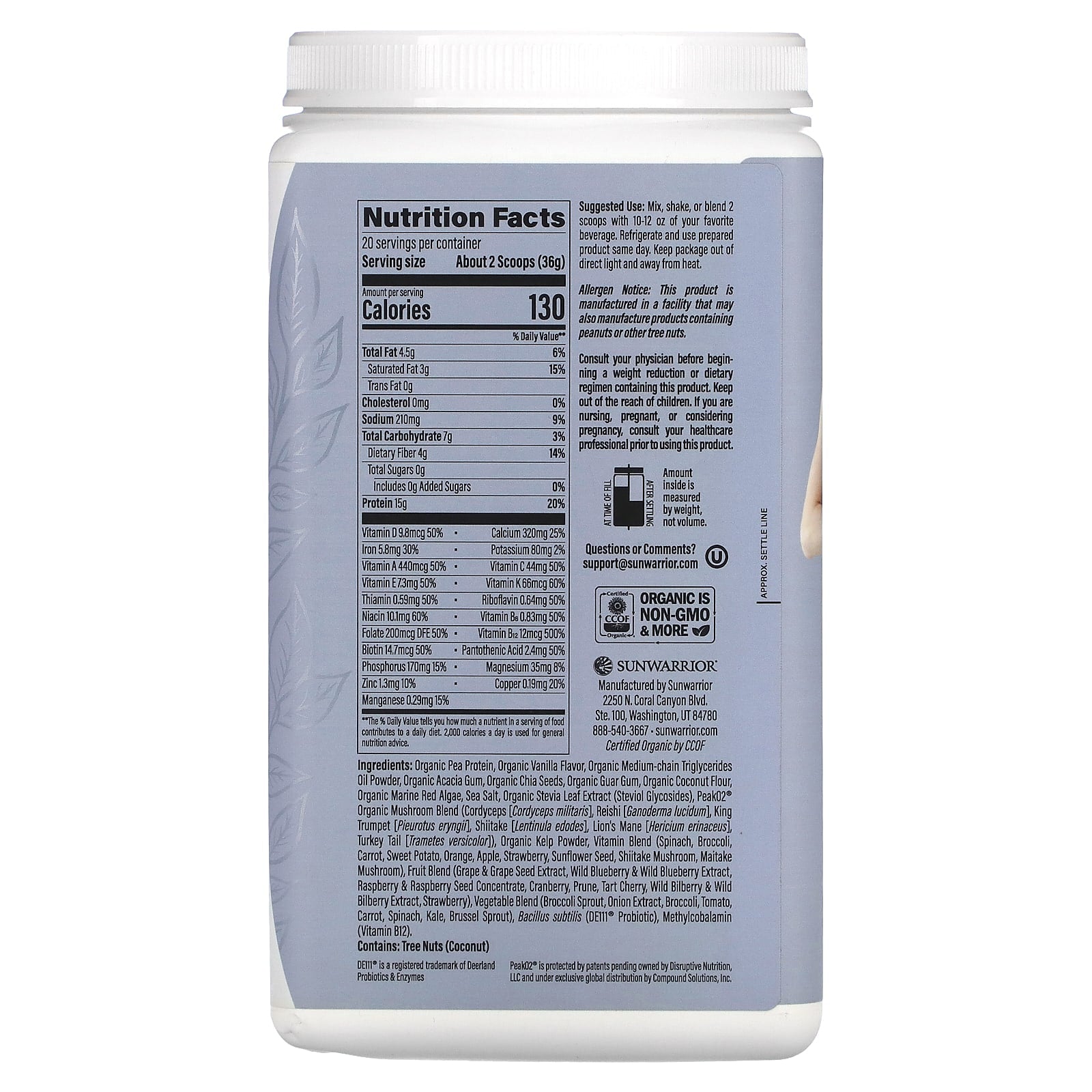 Sunwarrior, Lean Superfood Shake, Vanilla, 1.59 lb (720 g) - Image 2