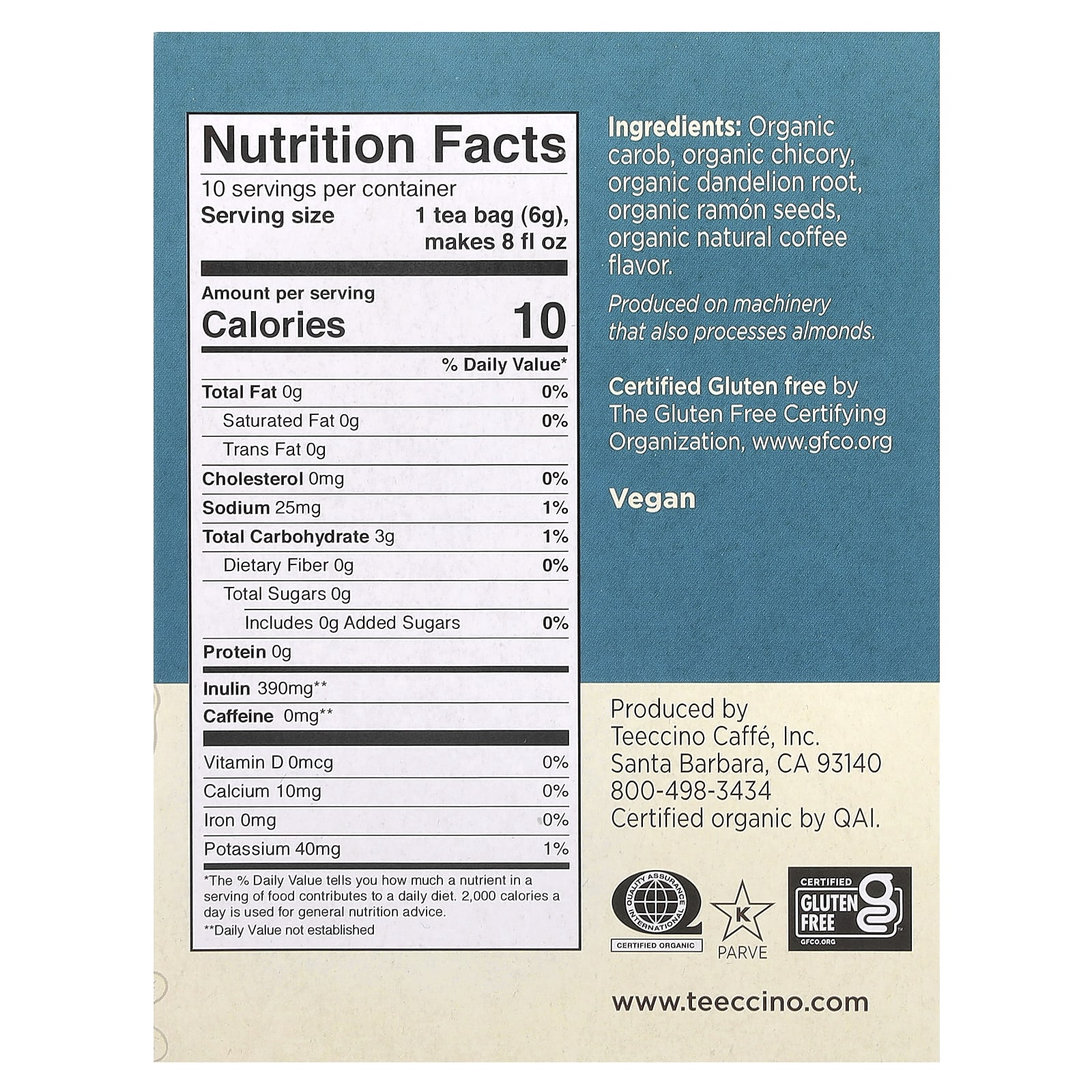 Teeccino, Organic Roasted Herbal Tea, Dandelion, Dark Roast, Caffeine Free, 10 Tea Bags, 2.12 oz (60 g) - Image 2