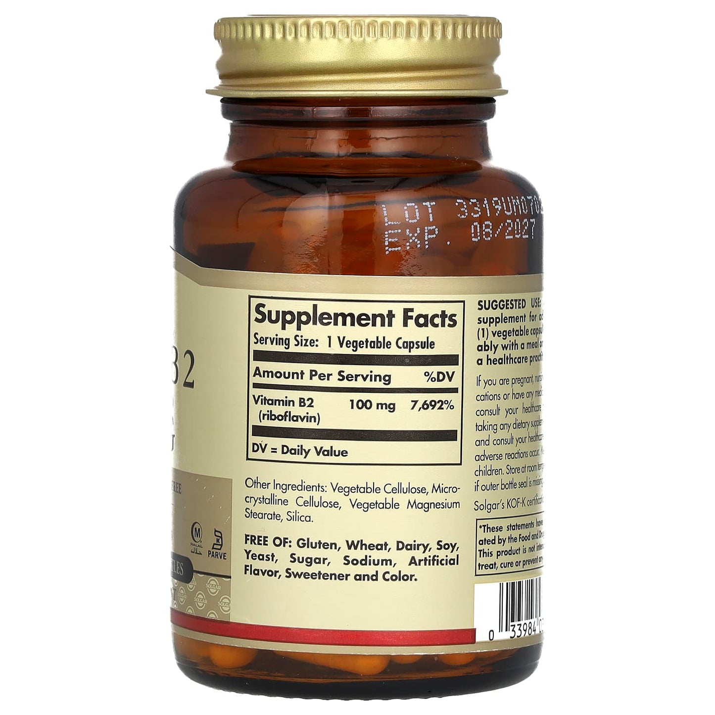 Solgar, Vitamin B2 (Riboflavin), 100 mg, 100 Vegetable Capsules - Image 2