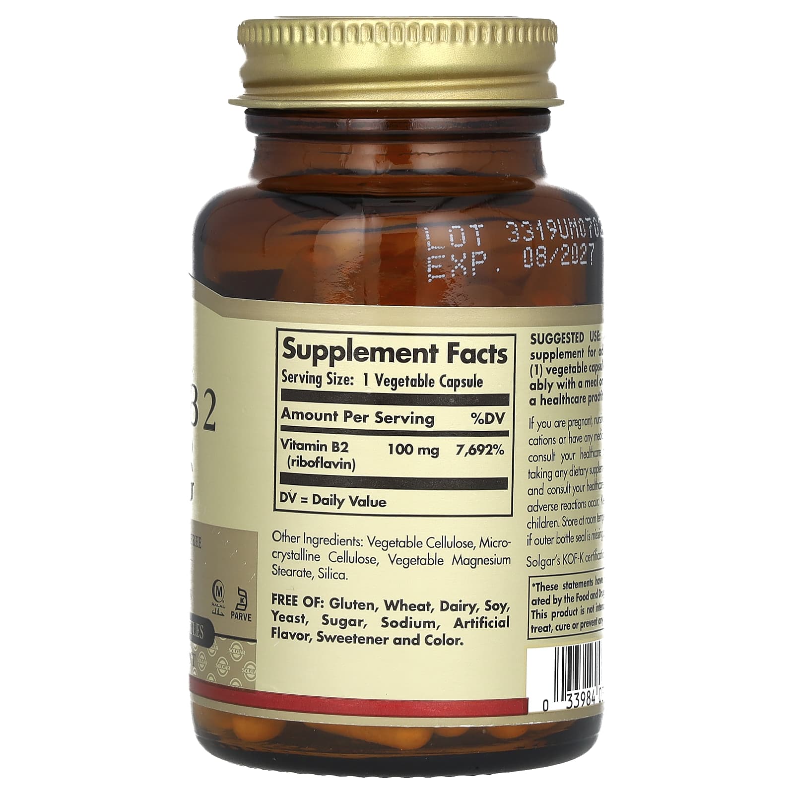 Solgar, Vitamin B2 (Riboflavin), 100 mg, 100 Vegetable Capsules - Image 2