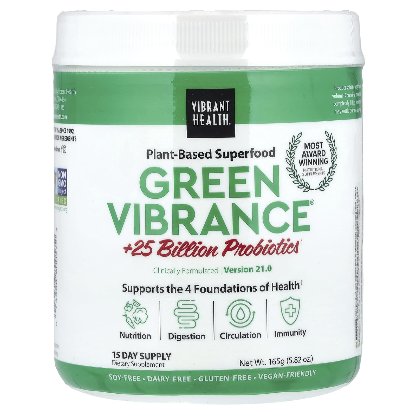Vibrant Health, Green Vibrance +25 Billion Probiotics, Version 21.0, 5.82 oz (165 g) - Image 1