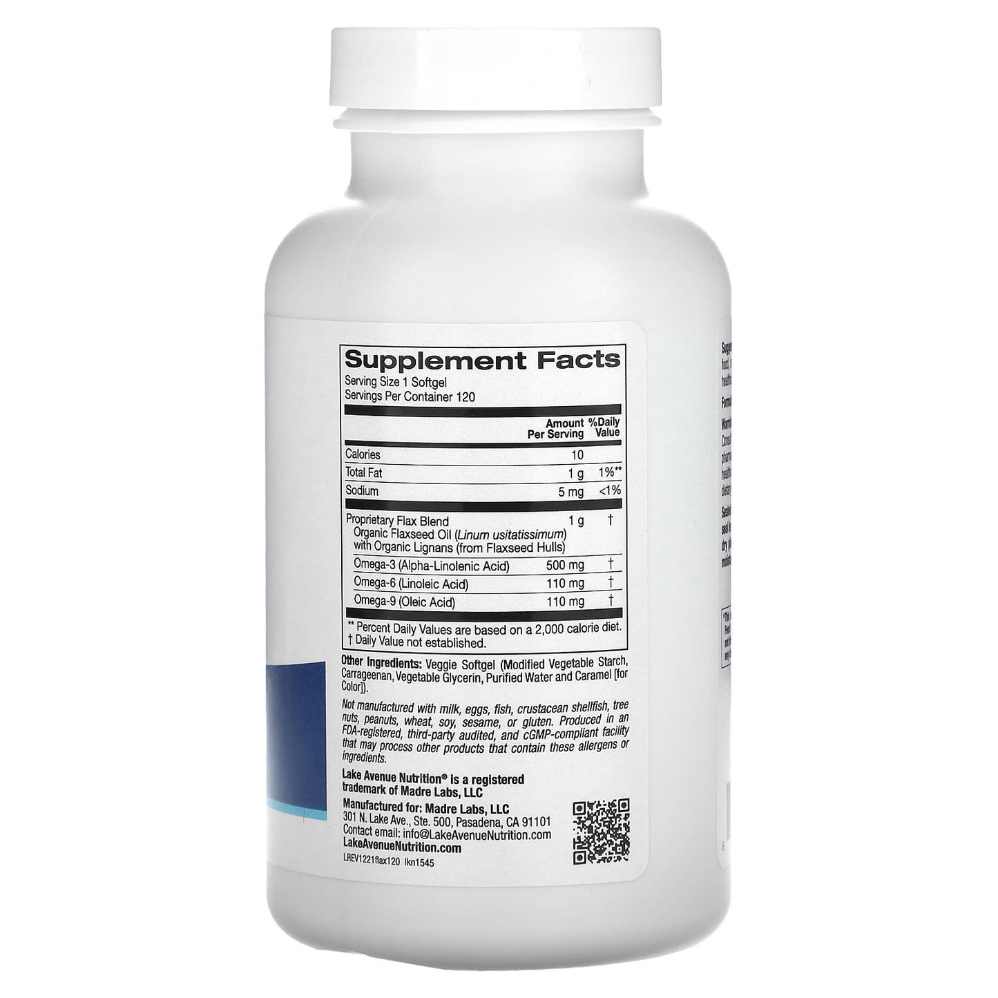 Cold Pressed Flaxseed Oil with Lignans by Lake Avenue Nutrition - 120 Softgels - Image 2
