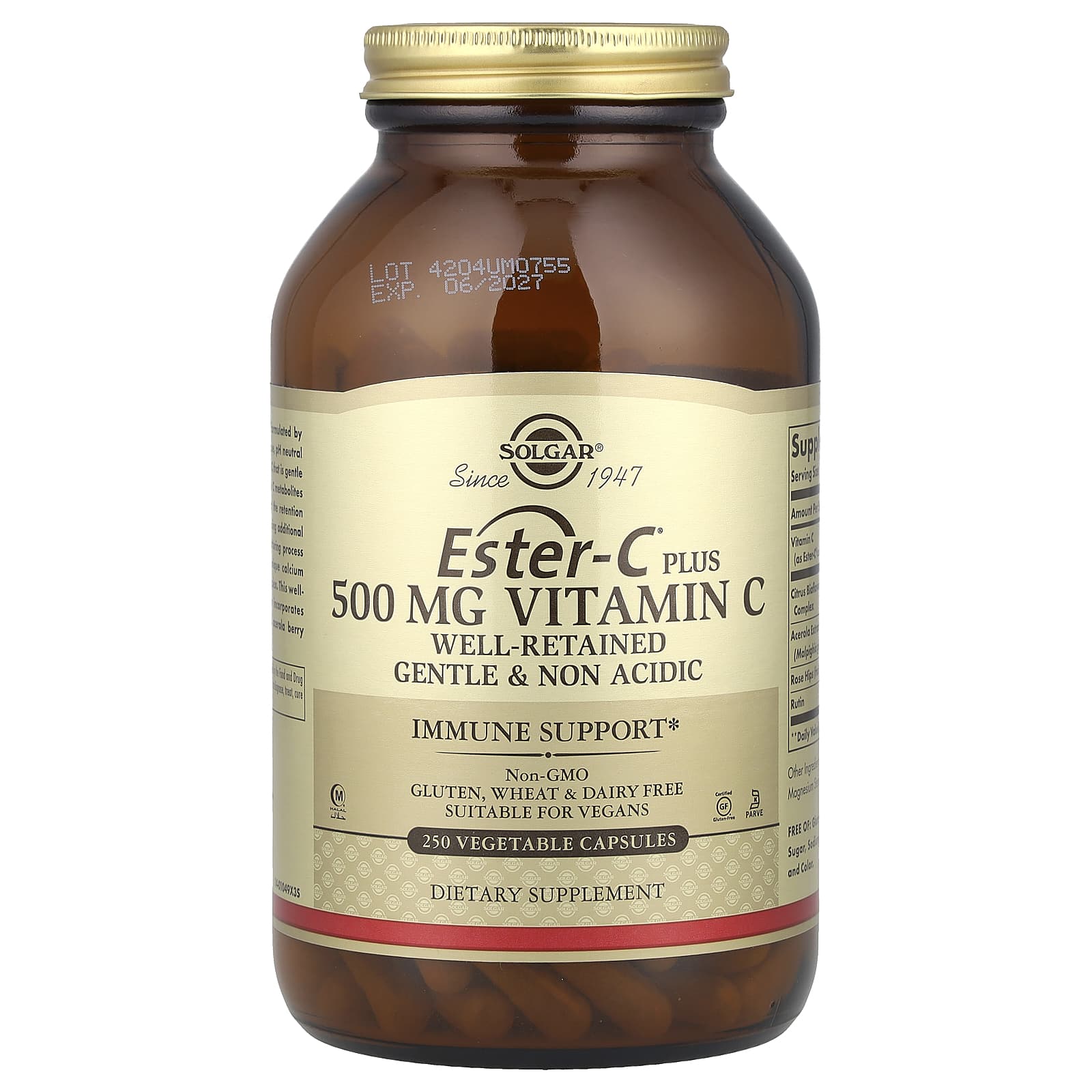 Solgar, Ester-C®, Plus Vitamin C, 500 mg, 250 Vegetable Capsules - Image 1