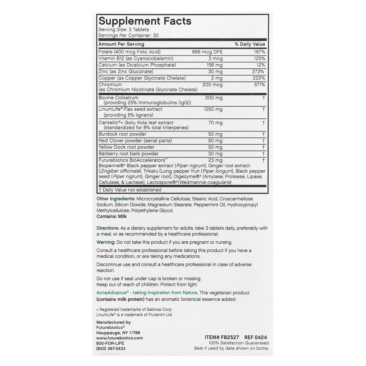 AcneAdvance with Colostrum 90 Vegetarian Tablets for Healthy Skin - Image 2