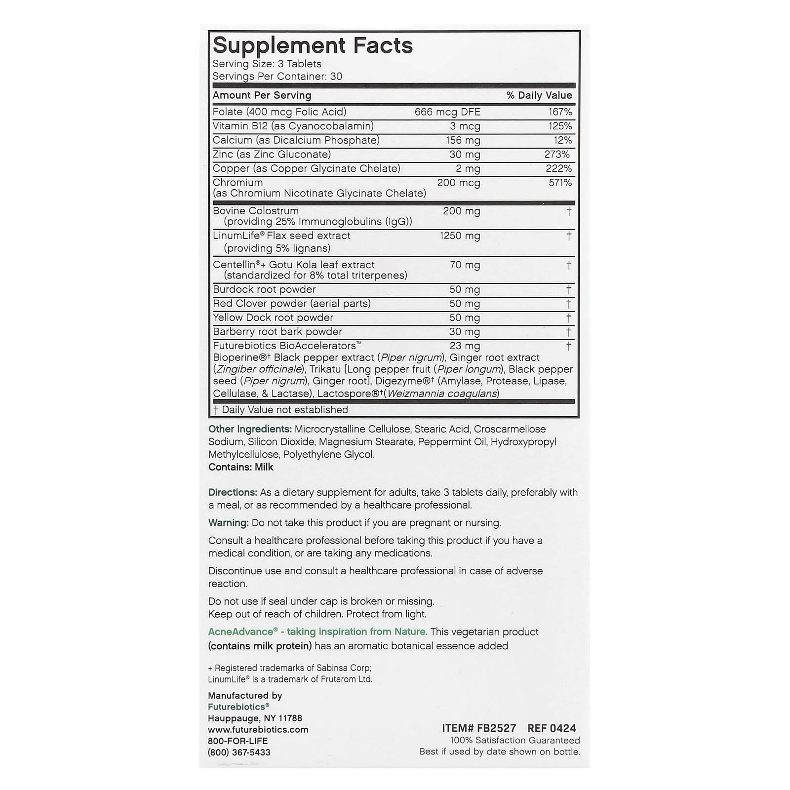 AcneAdvance with Colostrum 90 Vegetarian Tablets for Healthy Skin - Image 2