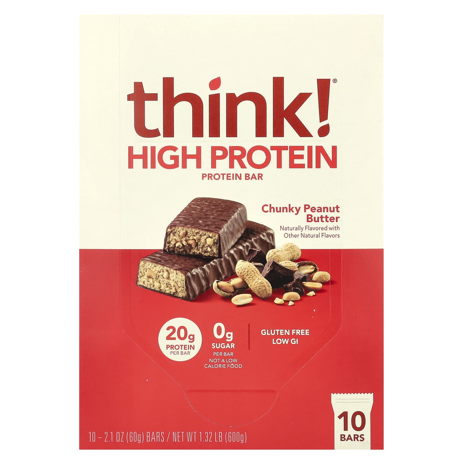Think !, High Protein Bars, Chunky Peanut Butter, 10 Bars, 2.1 oz (60 g) Each - Image 1