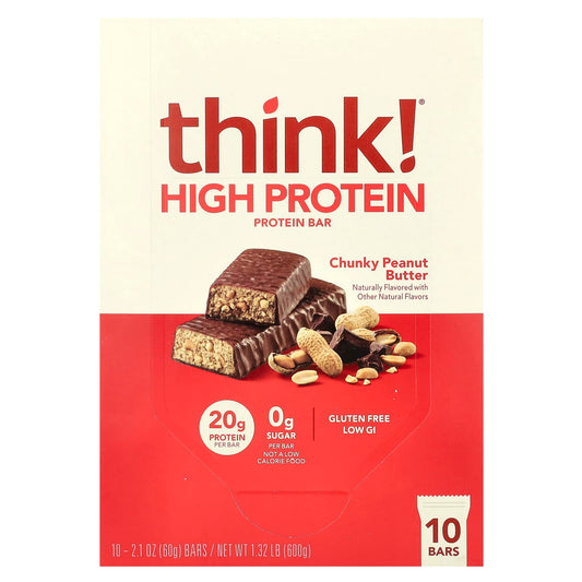 Think !, High Protein Bars, Chunky Peanut Butter, 10 Bars, 2.1 oz (60 g) Each - Image 1