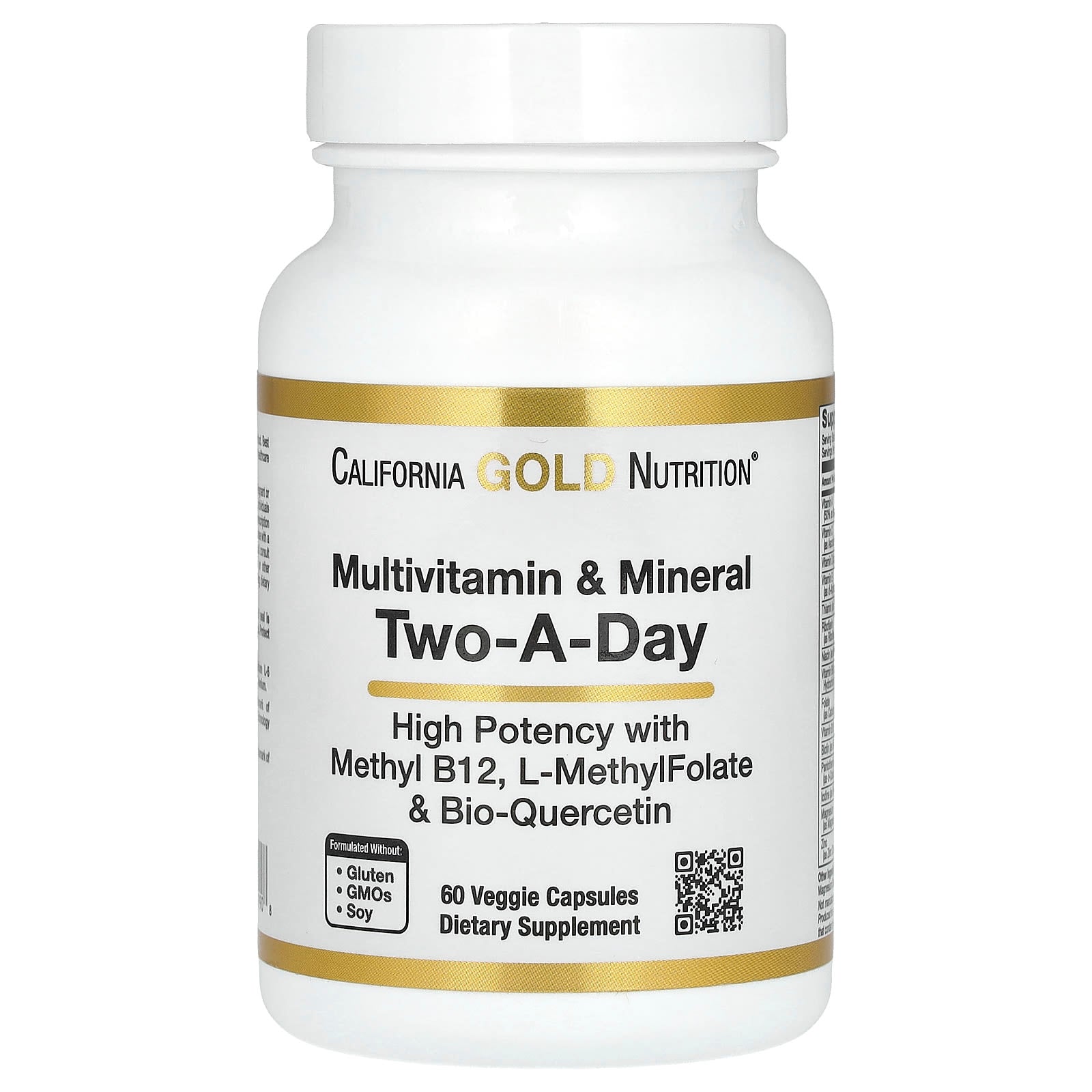 California Gold Nutrition, Multivitamin and Mineral with Methyl B12, Vitamin C, L-MethylFolate and Bio-Quercetin, Two-A-Day, 60 Veggie Capsules
