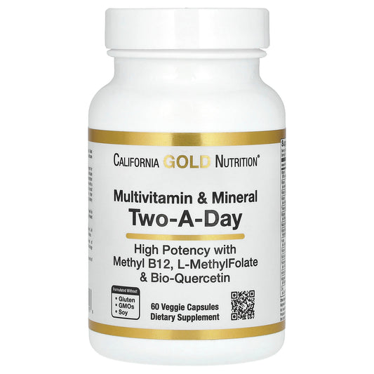 California Gold Nutrition, Multivitamin and Mineral with Methyl B12, Vitamin C, L-MethylFolate and Bio-Quercetin, Two-A-Day, 60 Veggie Capsules