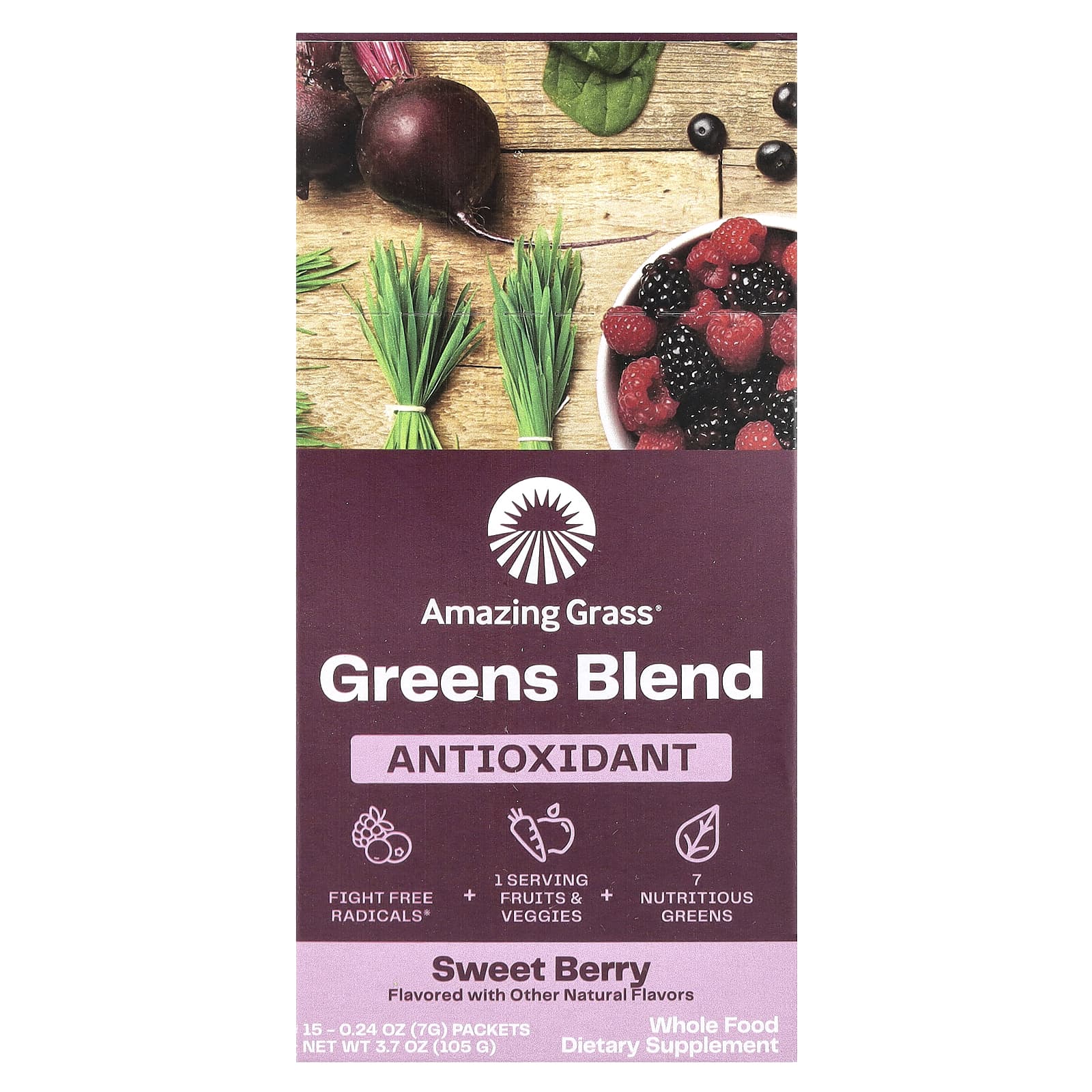 Amazing Grass Organic Greens Blend Powder, Sweet Berry, 15 Packets - Image 1