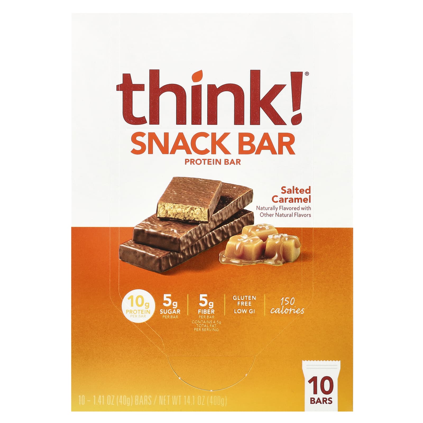 Think !, Protein Snack Bar, Salted Caramel, 10 Bars, 1.41 oz (40 g) Each - Image 1