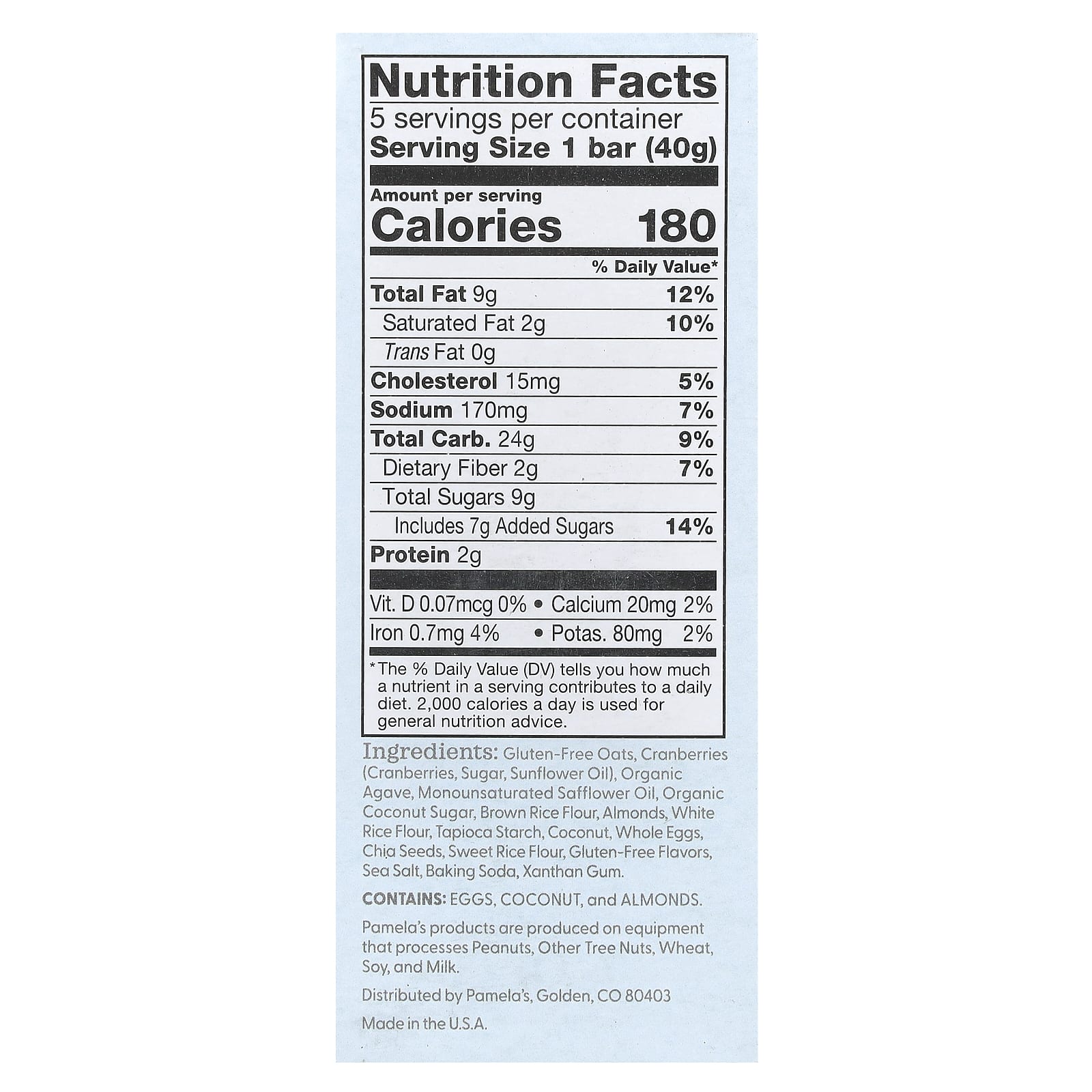 Pamela's Products, Whenever Bars, Cranberry Almond, 5 Bars, 1.41 oz (40 g) Each - Image 2