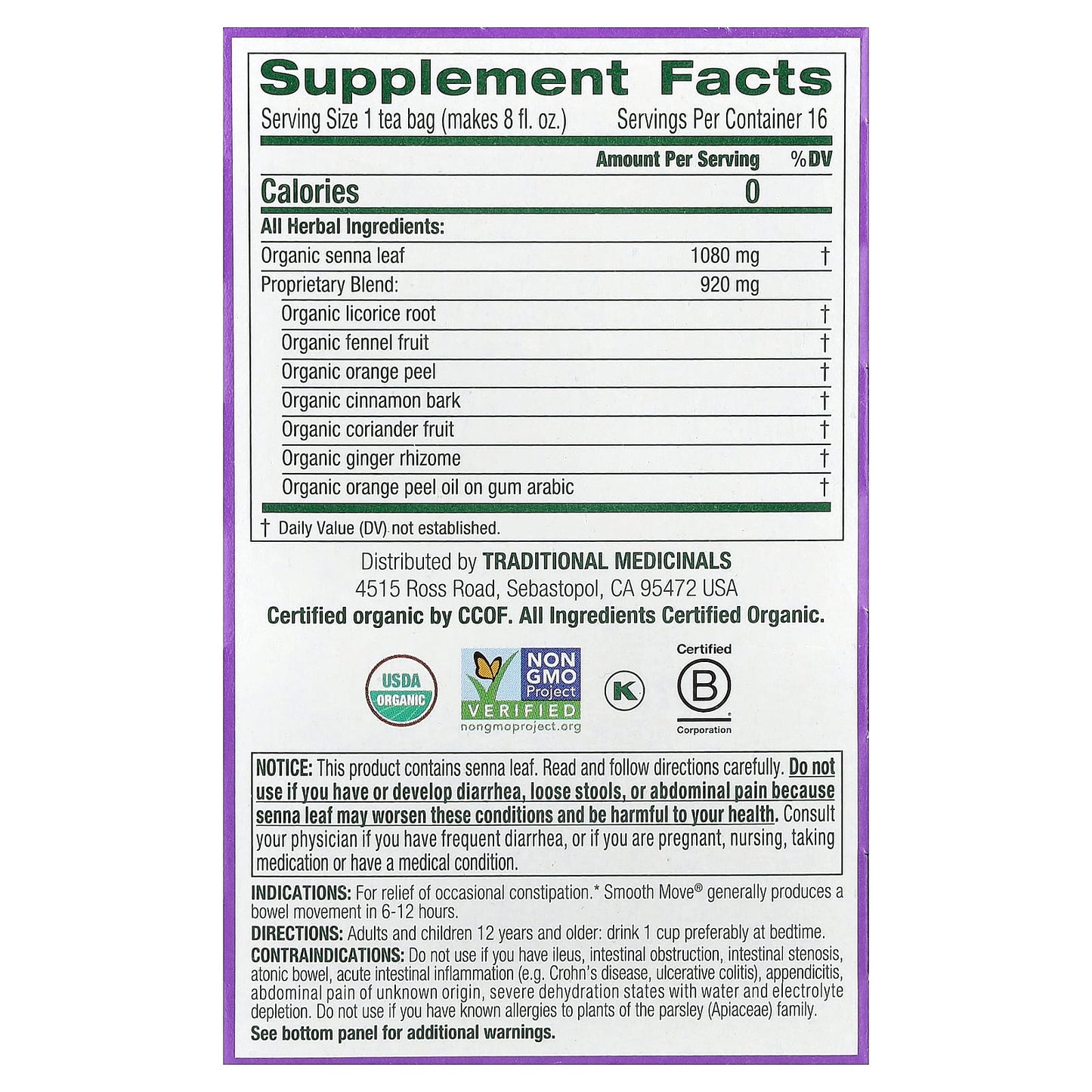 Traditional Medicinals, Organic Smooth Move®, Original with Senna, Caffeine Free, 16 Wrapped Tea Bags, 1.13 oz (32 g) - Image 2
