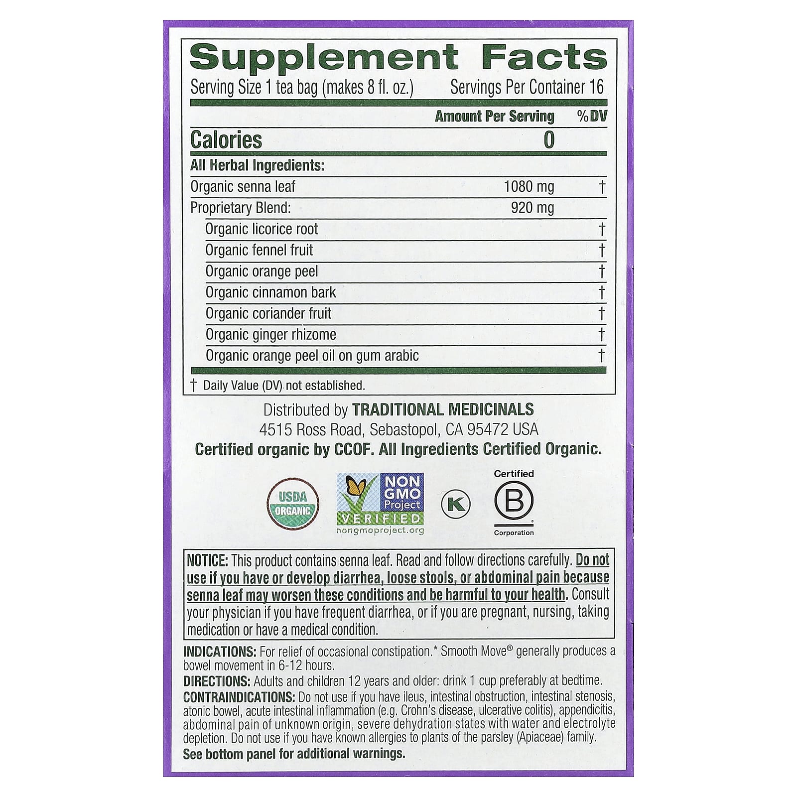 Traditional Medicinals, Organic Smooth Move®, Original with Senna, Caffeine Free, 16 Wrapped Tea Bags, 1.13 oz (32 g) - Image 2