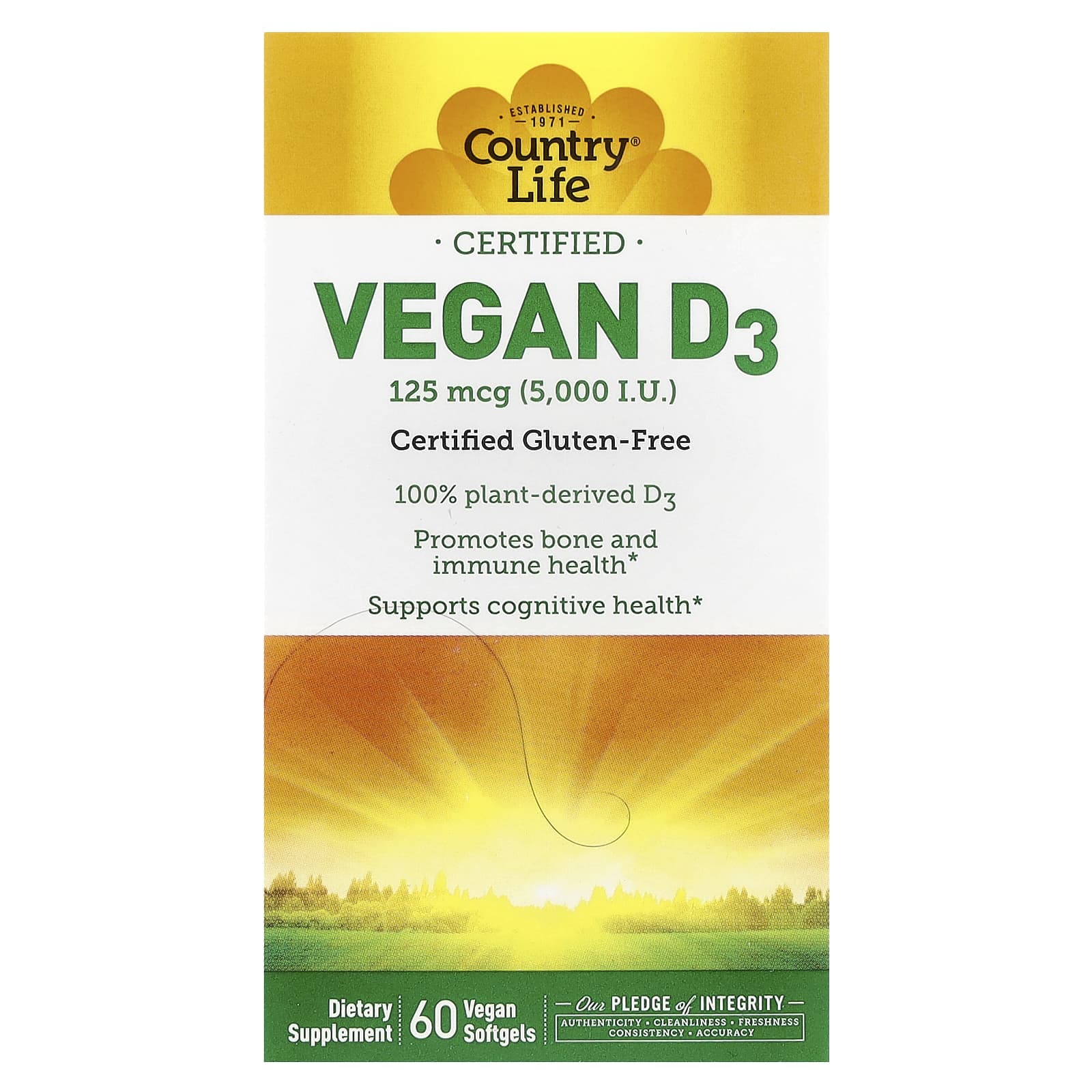 Country Life Vegan Vitamin D3 5,000 IU - 60 Softgels for Immune Health - Image 1