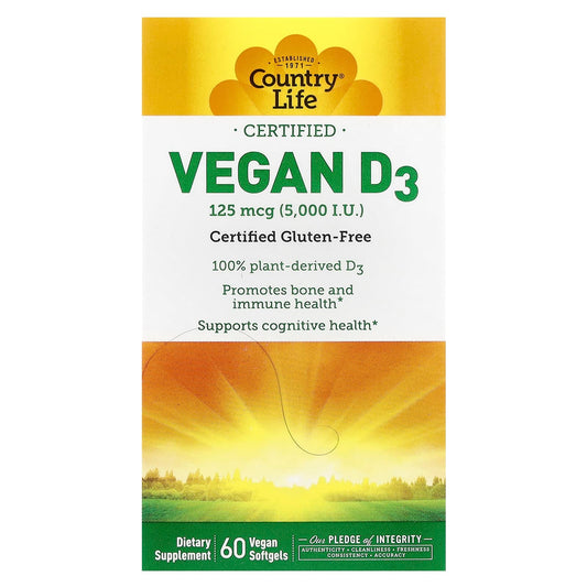 Country Life Vegan Vitamin D3 5,000 IU - 60 Softgels for Immune Health - Image 1