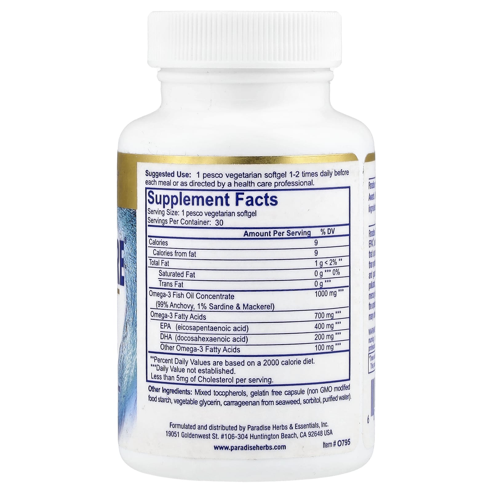 Paradise Herbs, Omega Sure®, Premium Omega-3 Fish Oil, 1,000 mg, 30 Pesco Vegetarian Softgels - Image 2