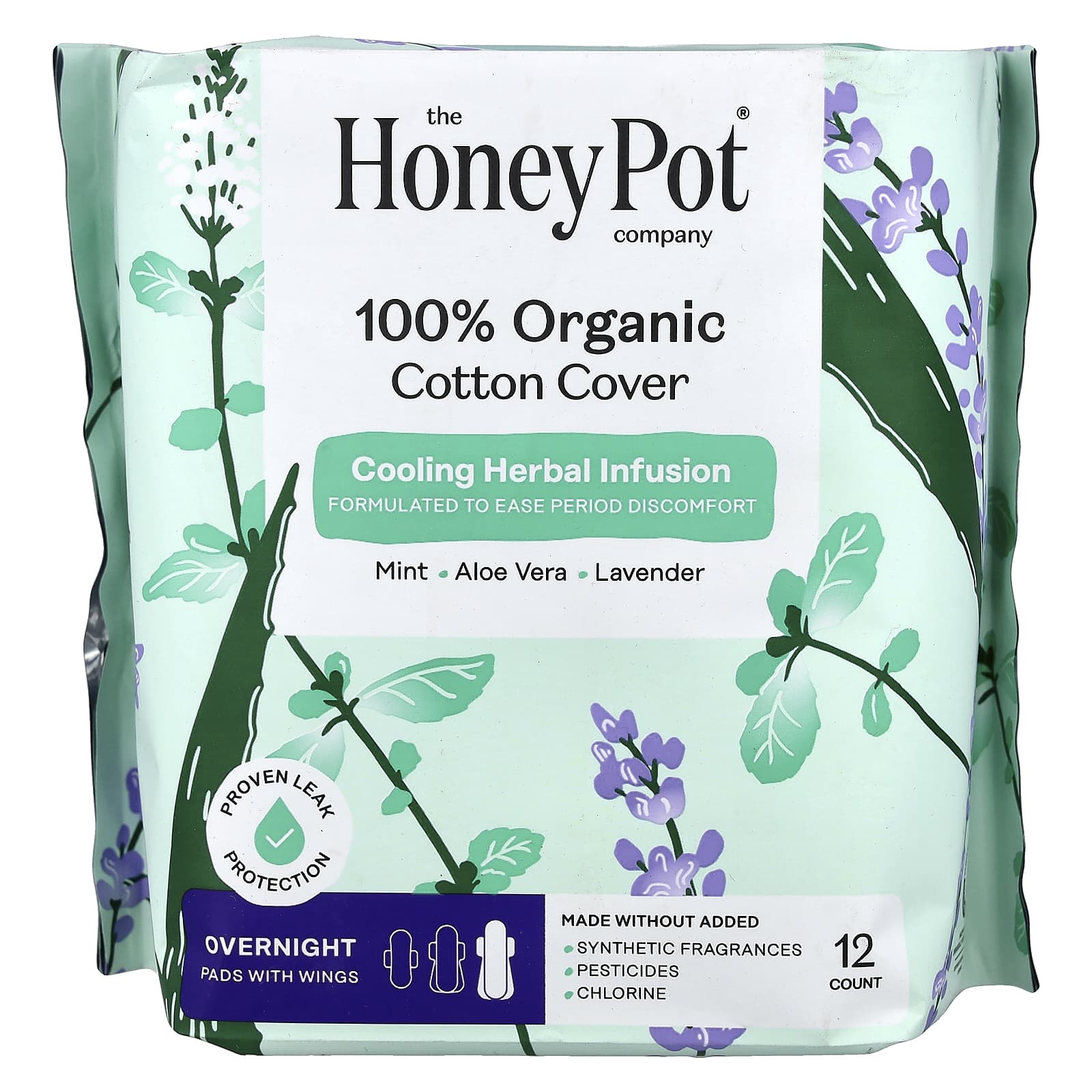 The Honey Pot Company, Organic Herbal-Infused Pads with Wings, Overnight, 12 Count - Image 1