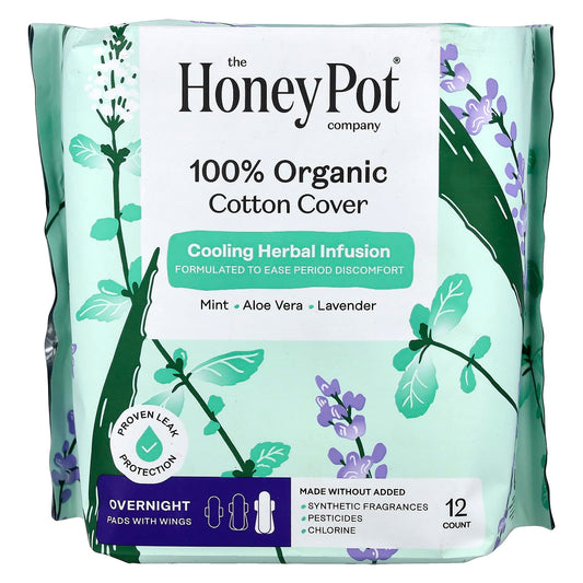 The Honey Pot Company, Organic Herbal-Infused Pads with Wings, Overnight, 12 Count - Image 1