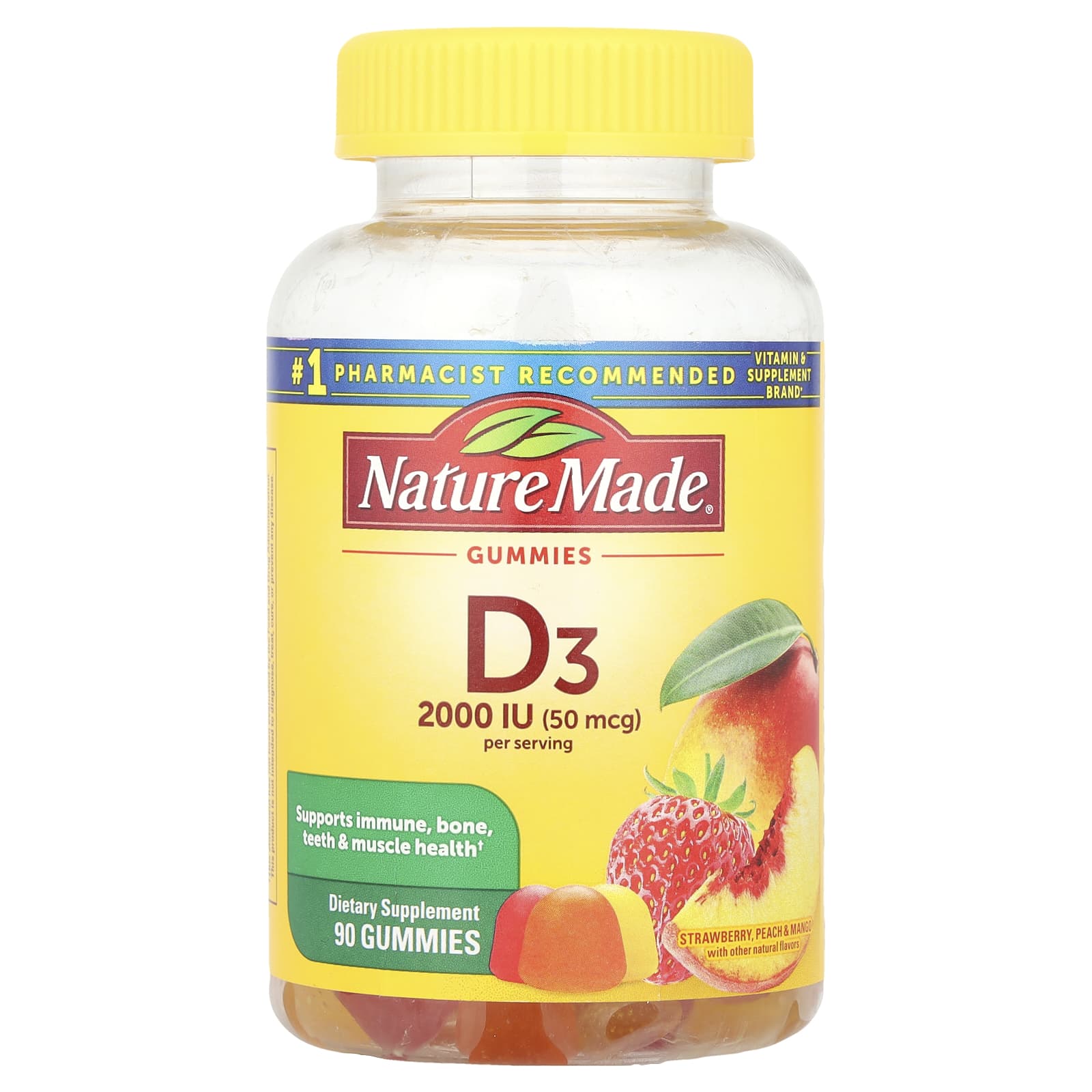 Nature Made, Vitamin D3 Gummies, Strawberry, Peach & Mango, 90 Gummies, (25 mcg (1,000 IU) per Gummy) - Image 1