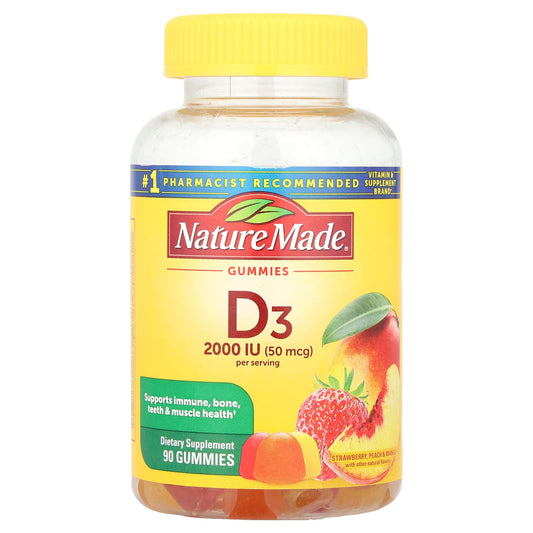 Nature Made, Vitamin D3 Gummies, Strawberry, Peach & Mango, 90 Gummies, (25 mcg (1,000 IU) per Gummy) - Image 1