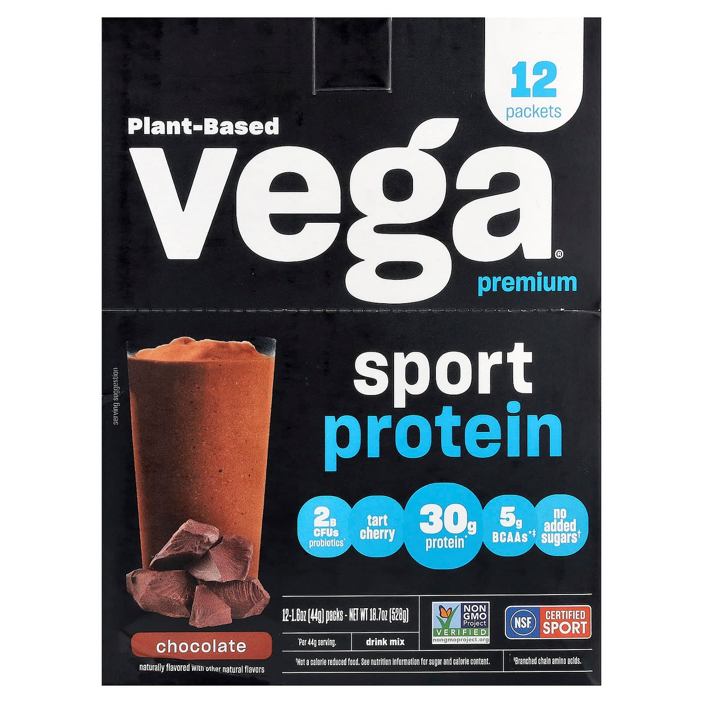 Vega, Sport, Plant-Based Premium Protein, Chocolate, 12 Packs, 1.6 oz (44 g) Each - Image 1