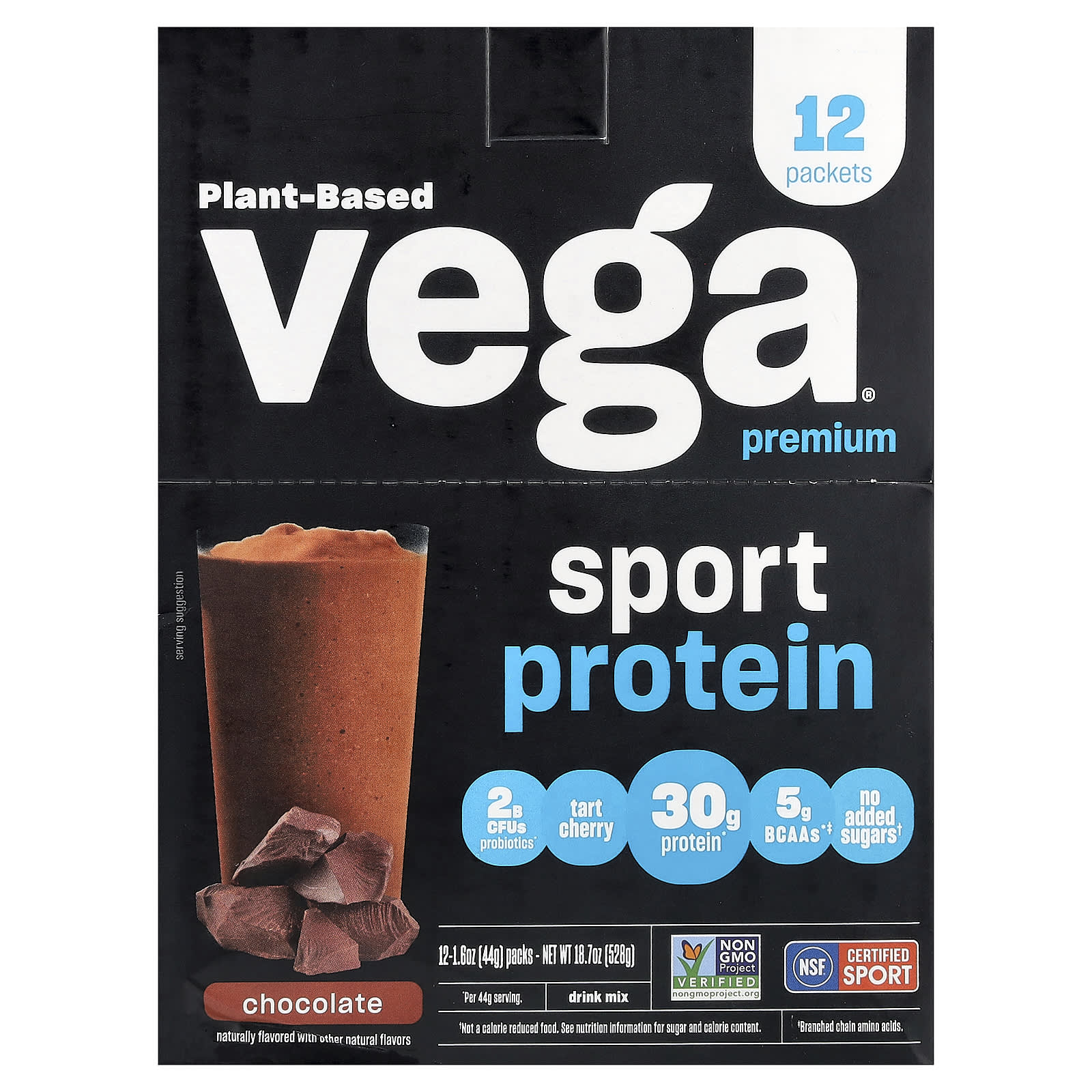 Vega, Sport, Plant-Based Premium Protein, Chocolate, 12 Packs, 1.6 oz (44 g) Each - Image 1
