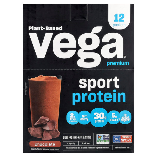 Vega, Sport, Plant-Based Premium Protein, Chocolate, 12 Packs, 1.6 oz (44 g) Each - Image 1