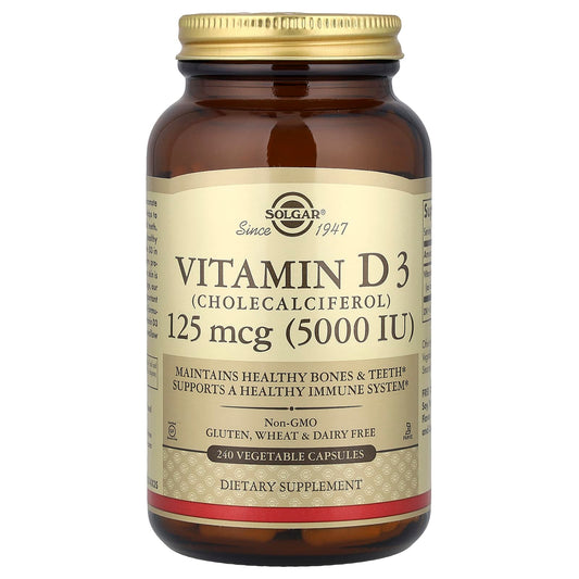 Solgar, Vitamin D3 (Cholecalciferol), 125 mcg (5,000 IU), 240 Vegetable Capsules - Image 1