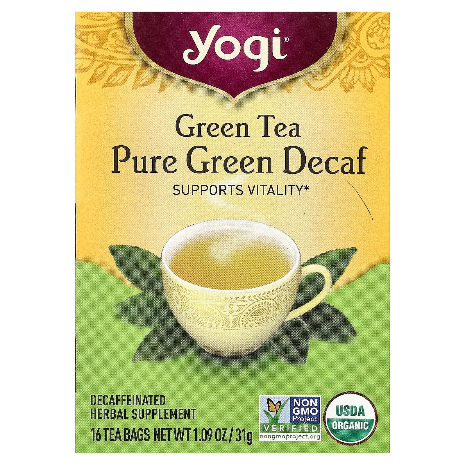 Yogi Tea, Green Tea Pure Green, Decaf, 16 Tea Bags, 1.09 oz (31 g) - Image 1