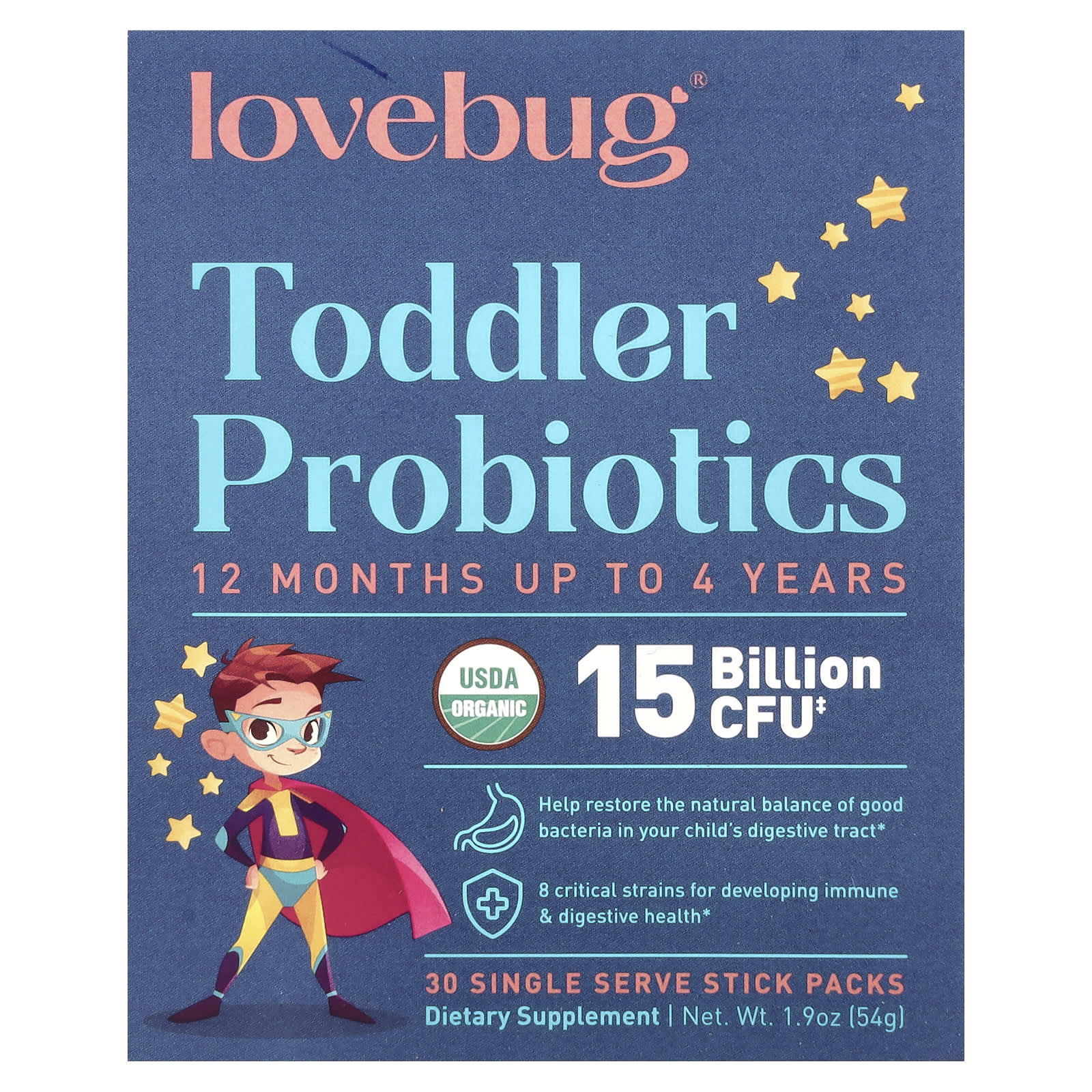 LoveBug Probiotics, Toddler Probiotics, 12 Months Up To 4 Years, 15 Billion CFU, 30 Single Serve Stick Packs, 0.06 oz (1.8 g) Each - Image 1