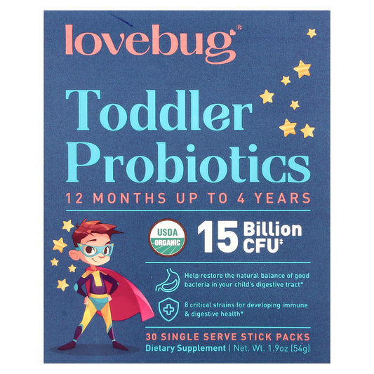 LoveBug Probiotics, Toddler Probiotics, 12 Months Up To 4 Years, 15 Billion CFU, 30 Single Serve Stick Packs, 0.06 oz (1.8 g) Each - Image 1