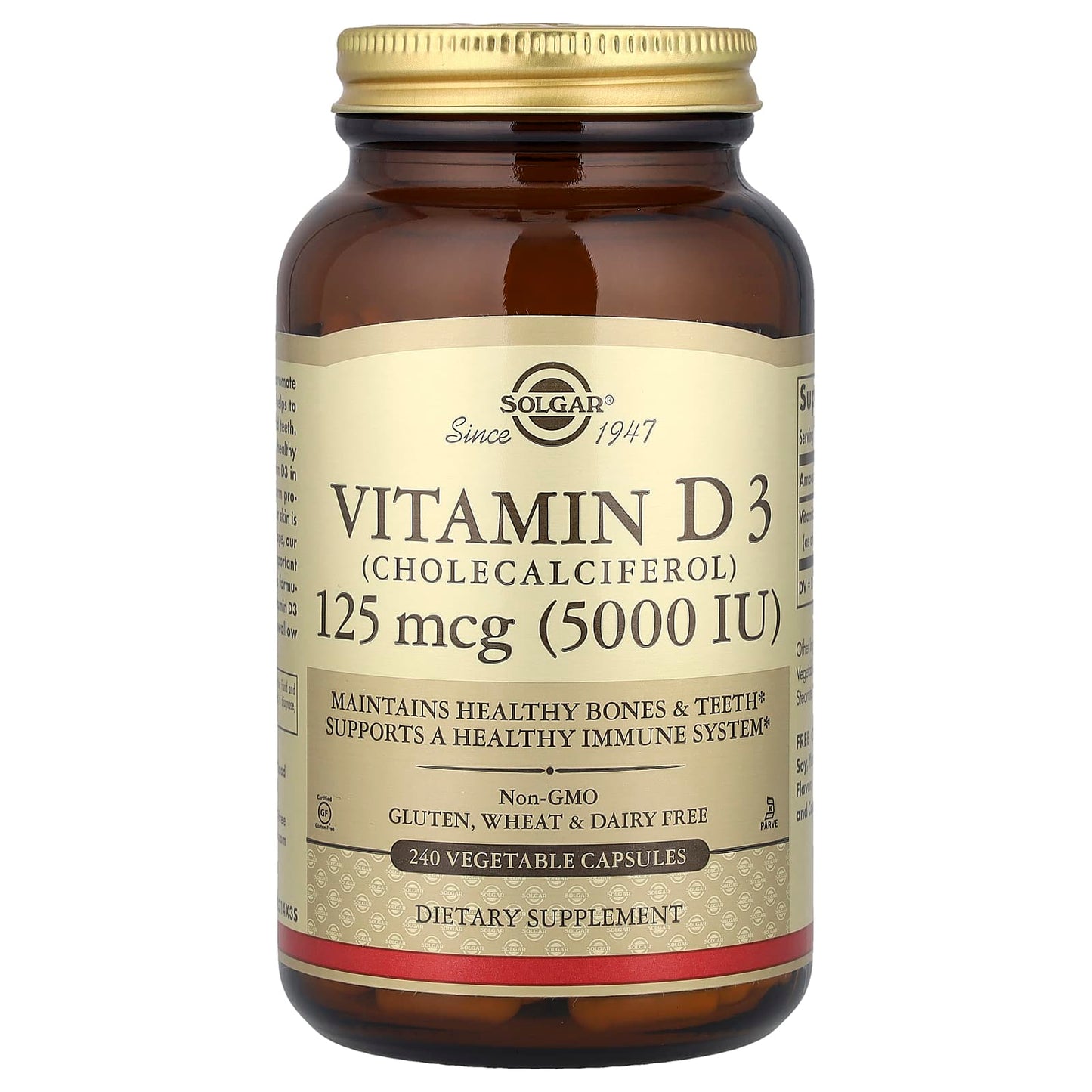 Solgar, Vitamin D3 (Cholecalciferol), 125 mcg (5,000 IU), 240 Vegetable Capsules - Image 1