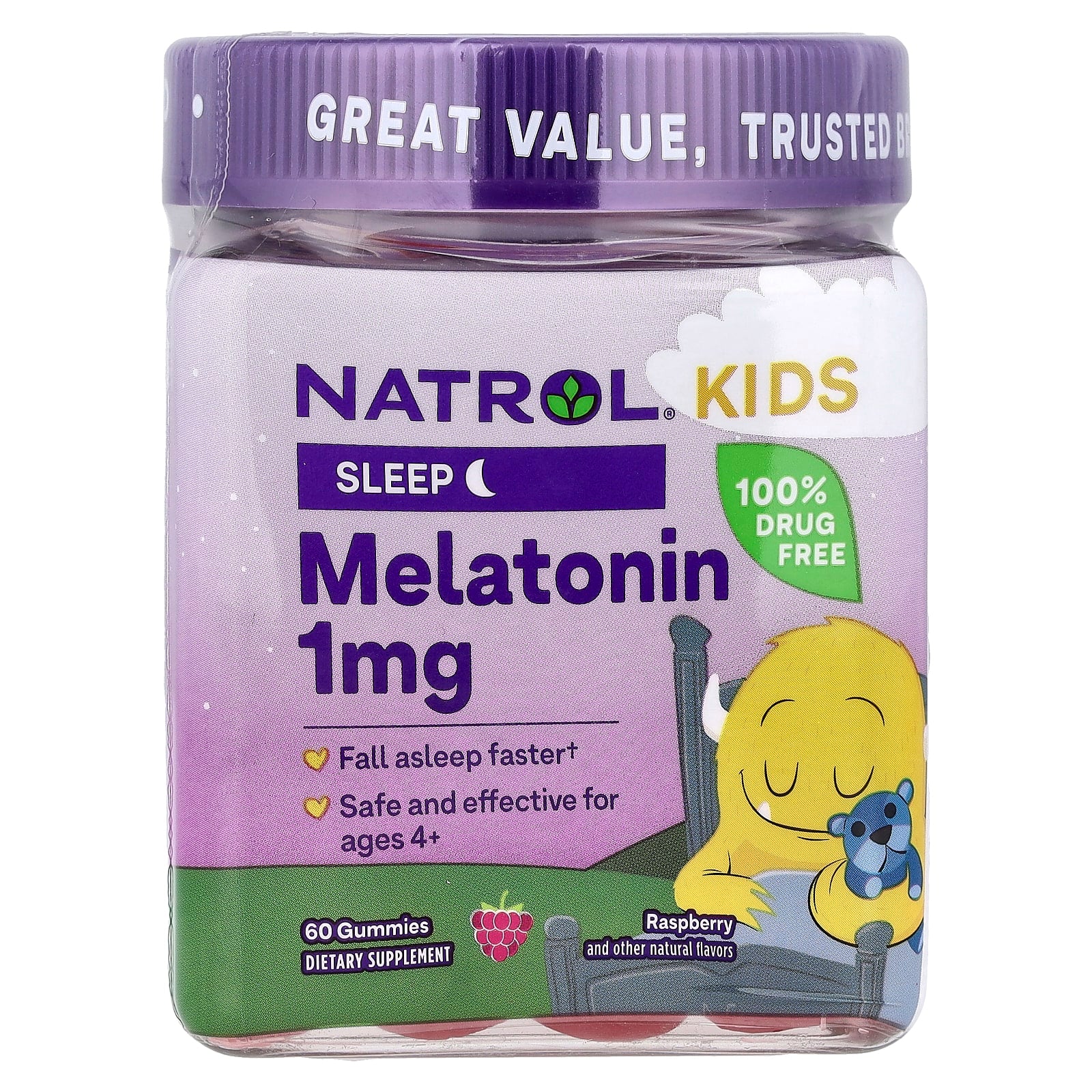 Natrol, Kids, Melatonin Gummies, Ages 4+, Raspberry, 1 mg, 60 Gummies - Image 1