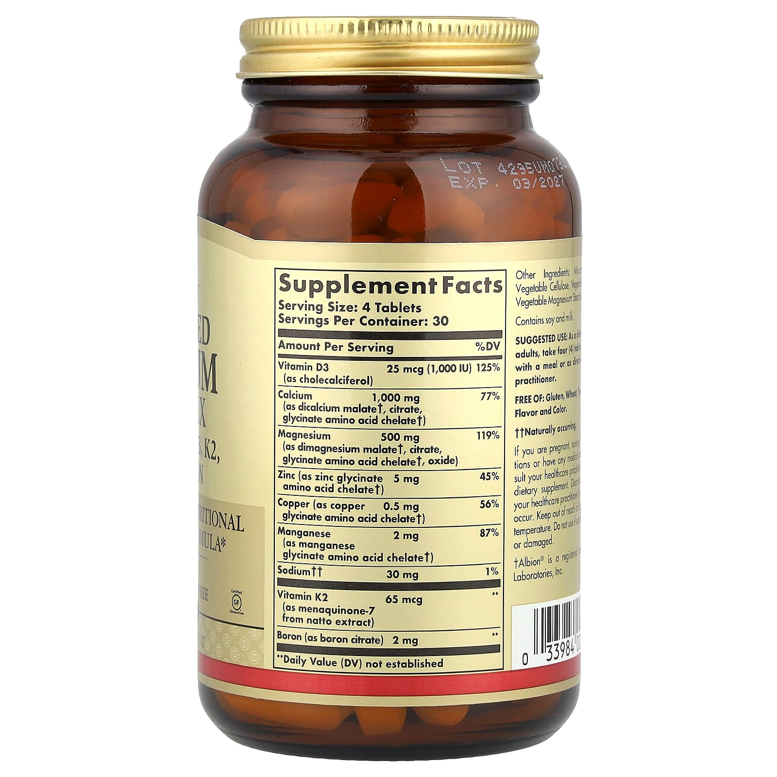 Solgar, Advanced Calcium Complex + Vitamins D3, K2, Zinc, Boron, 120 Tablets - Image 2