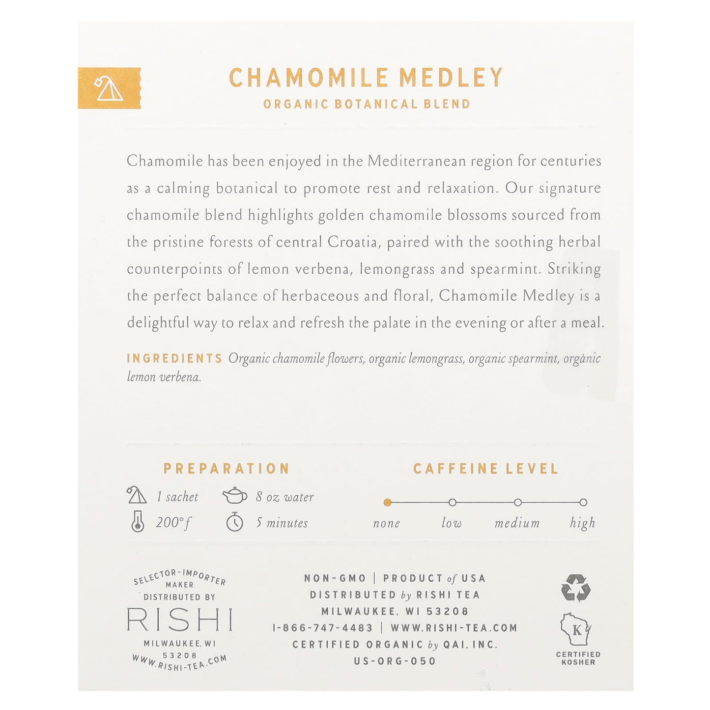 Rishi Tea, Organic Botanical Blend, Chamomile Medley, Caffeine-Free, 15 Sachets, 0.84 oz (24 g) - Image 2