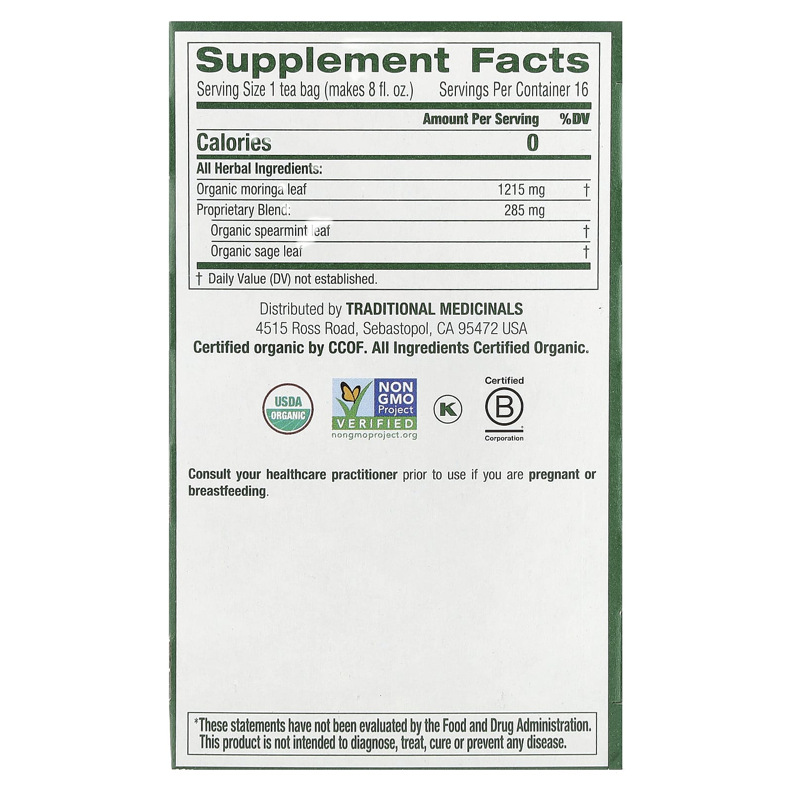Traditional Medicinals, Organic Moringa, Caffeine Free, 16 Wrapped Tea Bags, 0.85 oz (24 g) - Image 2