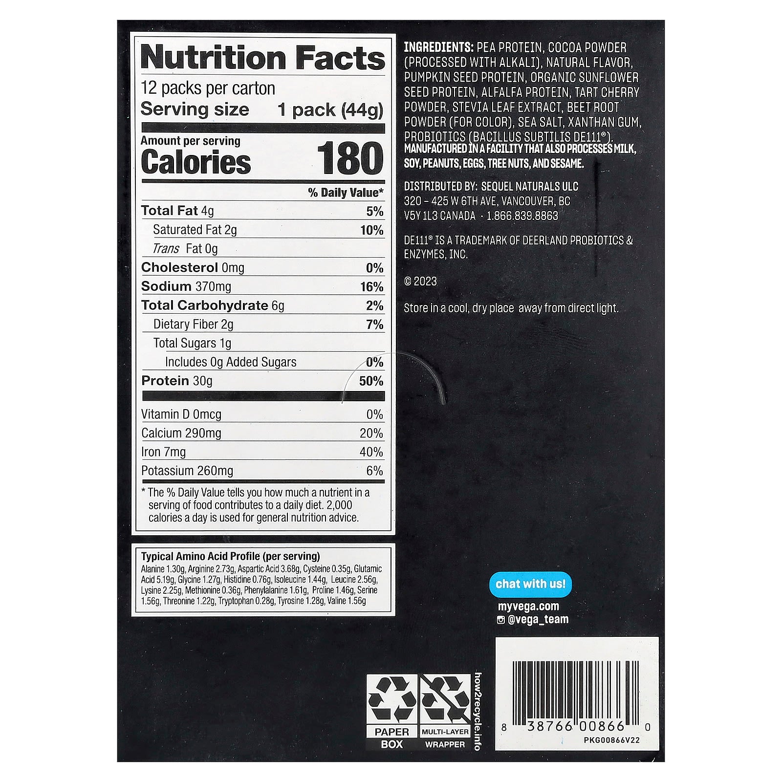 Vega, Sport, Plant-Based Premium Protein, Chocolate, 12 Packs, 1.6 oz (44 g) Each - Image 2
