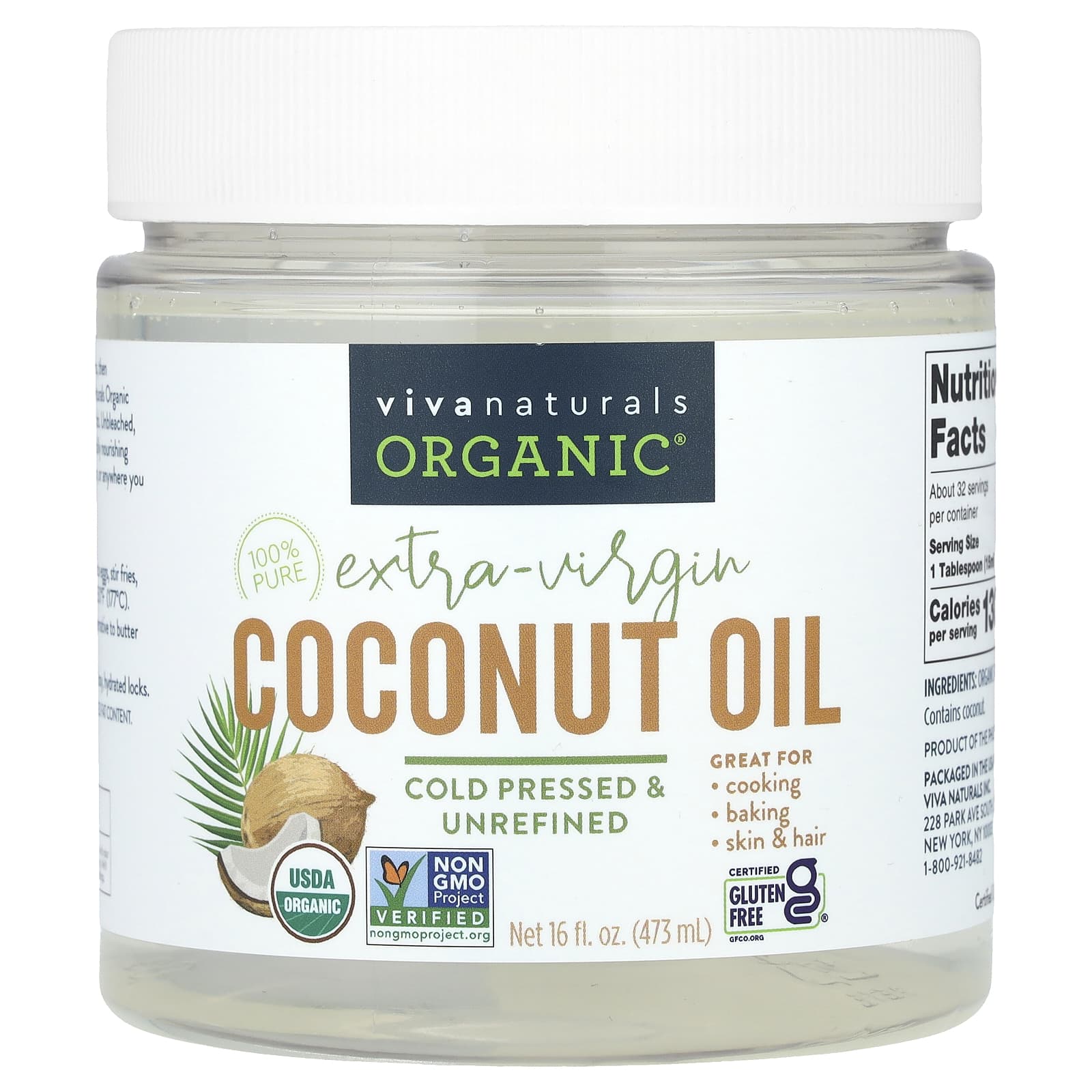 Viva Naturals, Organic Extra-Virgin Coconut Oil, 16 fl oz (473 ml) - Image 1