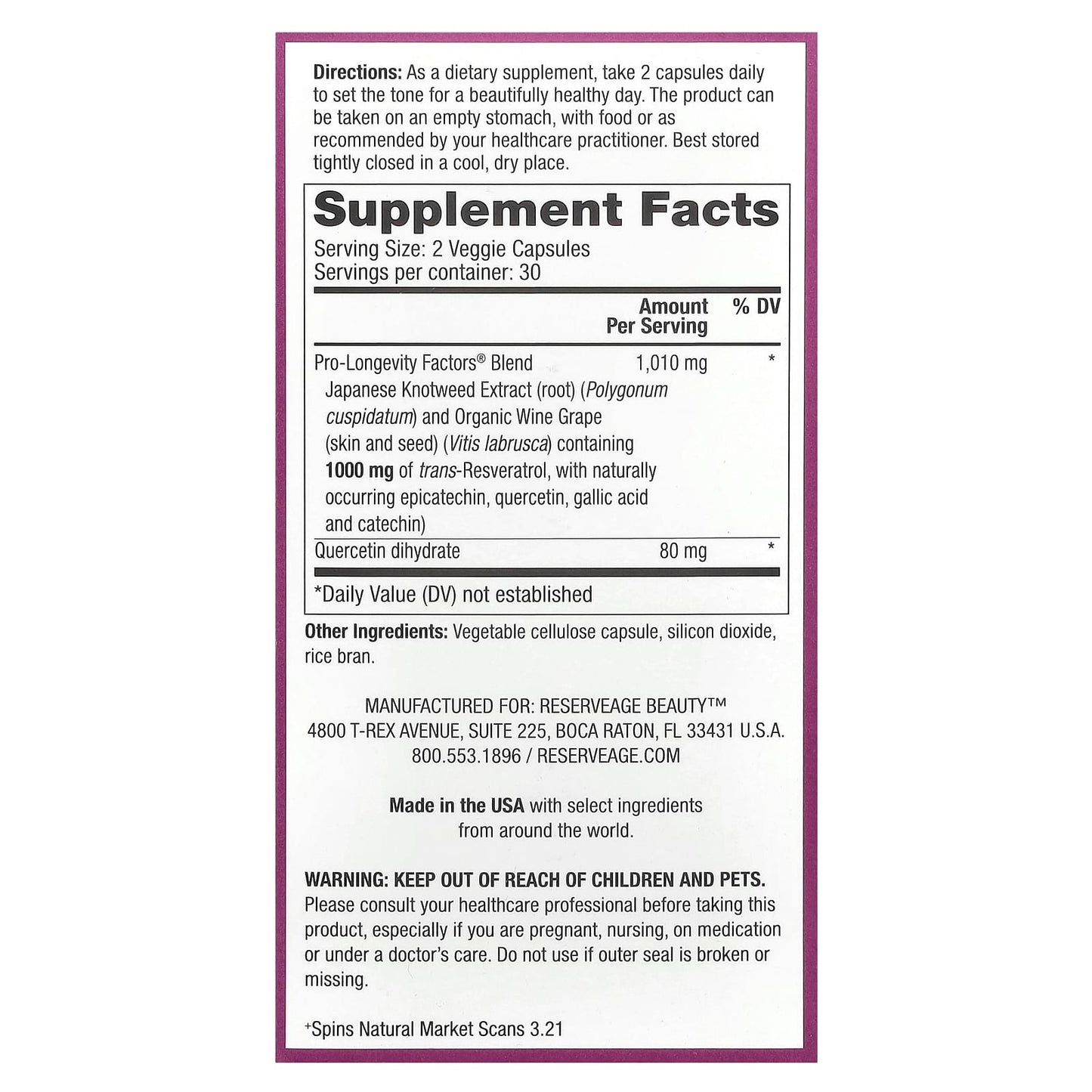Reserveage Beauty, Resveratrol, 60 Veggie Capsules