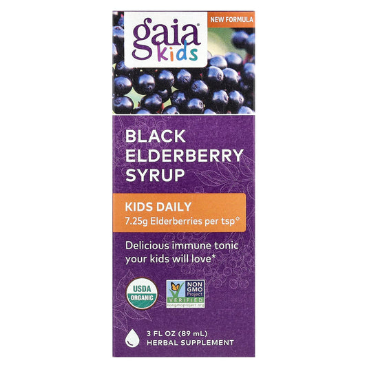 Gaia Herbs Organic Black Elderberry Syrup for Kids, 3 fl oz (89 ml) - Image 1