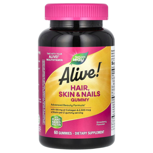 Nature's Way, Alive! Hair, Skin & Nails Gummies, Strawberry, 60 Gummies - Image 1