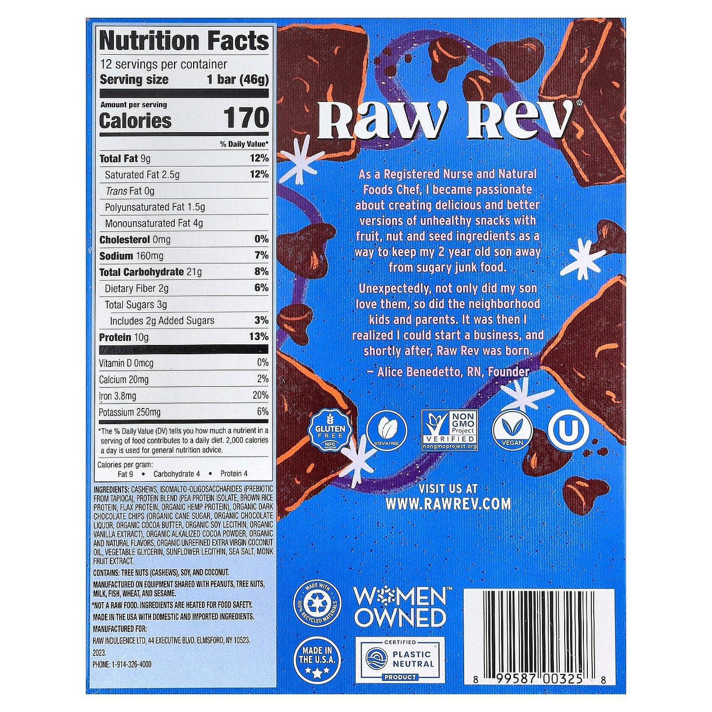 Raw Rev, Plant-Based Protein Bar, Double Chocolate Brownie Batter, 12 Bars, 1.6 oz (46 g) Each - Image 2