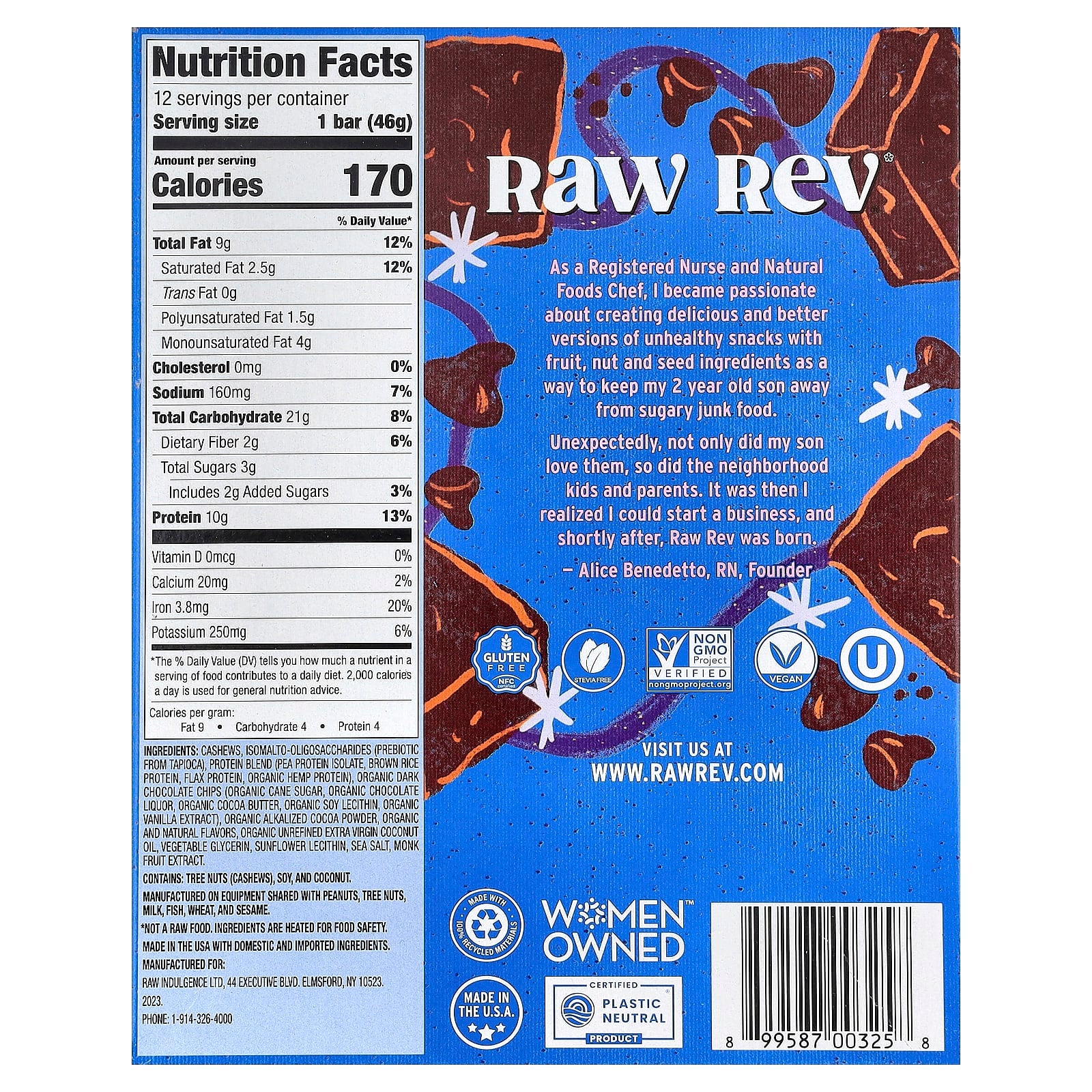 Raw Rev, Plant-Based Protein Bar, Double Chocolate Brownie Batter, 12 Bars, 1.6 oz (46 g) Each - Image 2
