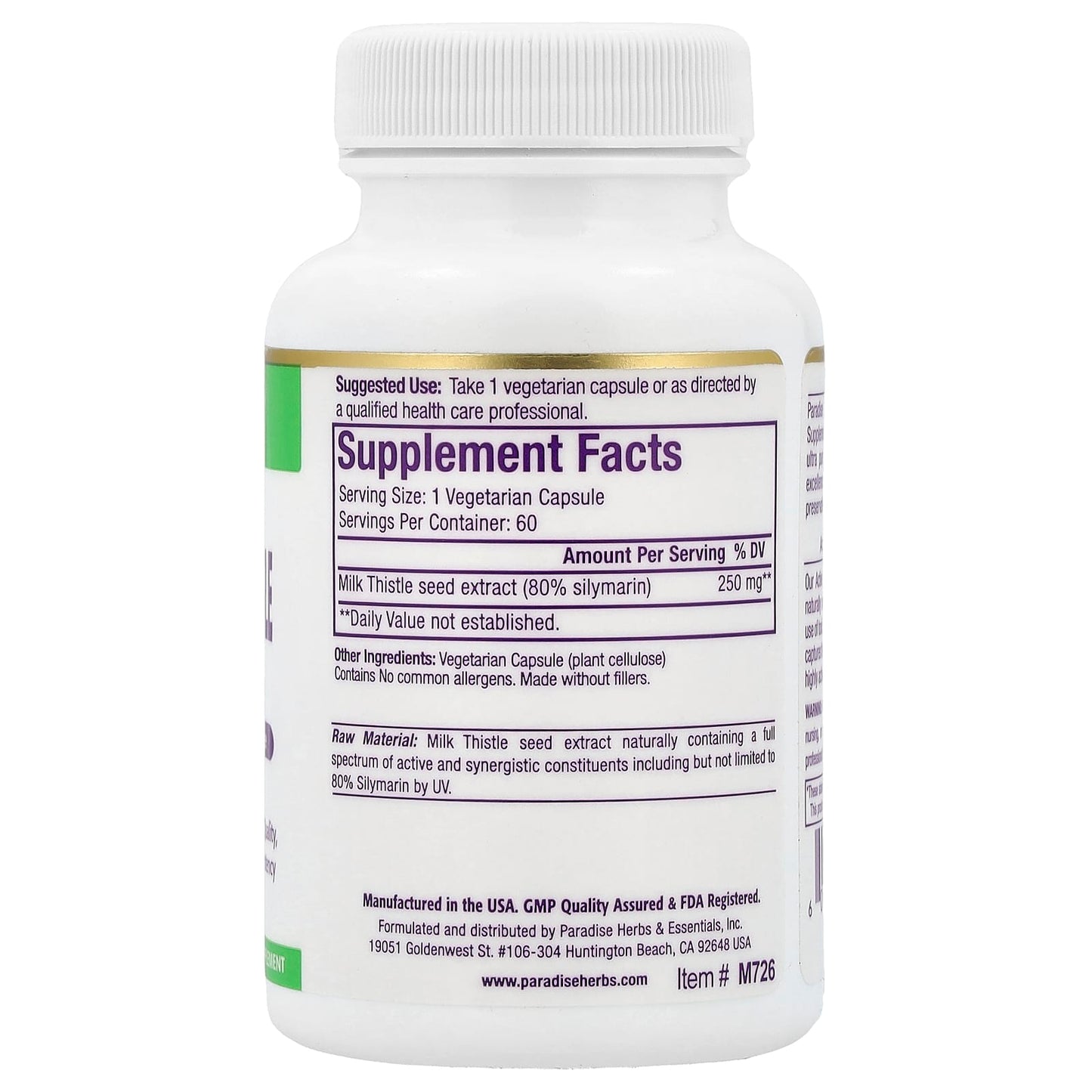 Paradise Herbs, Milk Thistle Extract, 60 Vegetarian Capsules (250 mg per Capsule) - Image 2