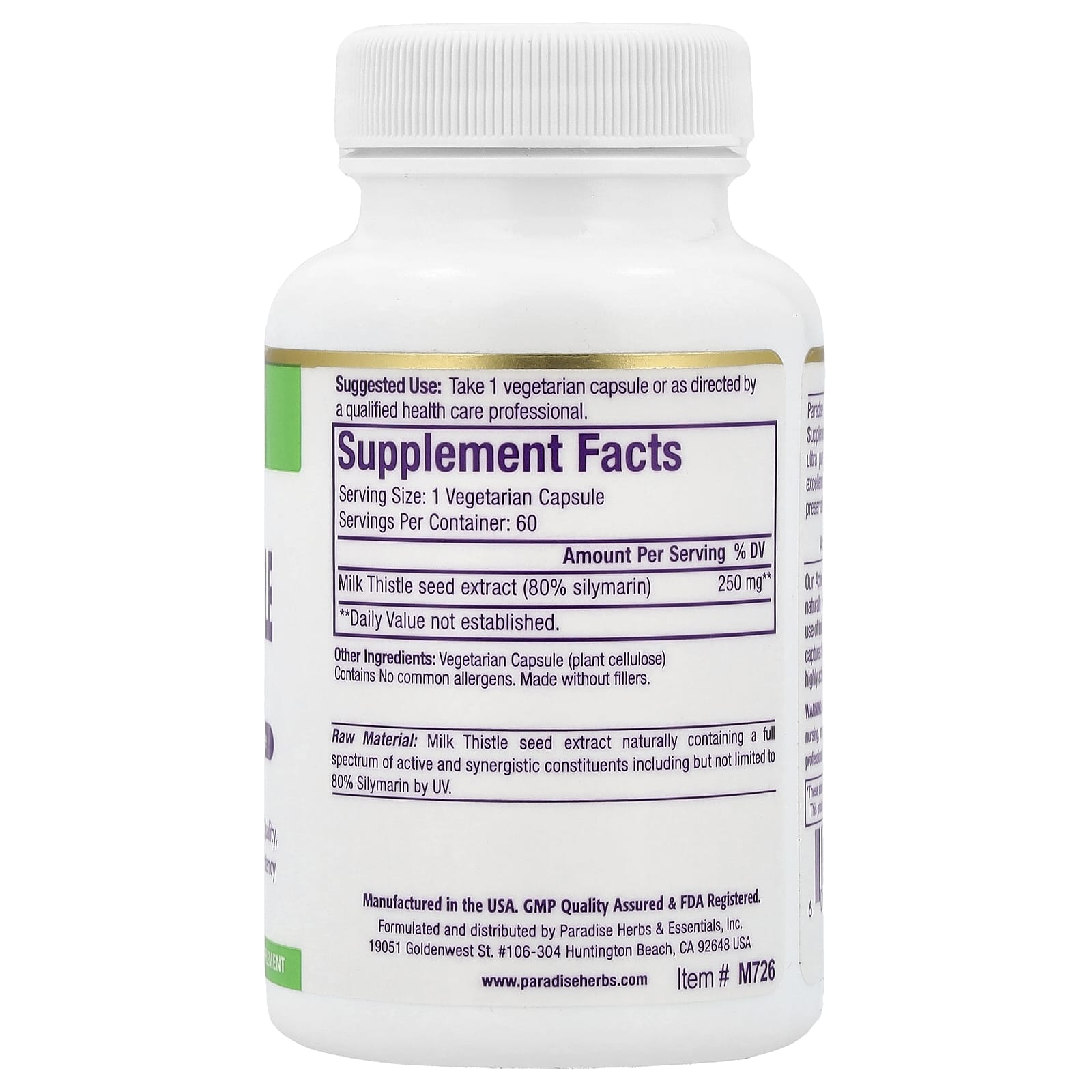Paradise Herbs, Milk Thistle Extract, 60 Vegetarian Capsules (250 mg per Capsule) - Image 2