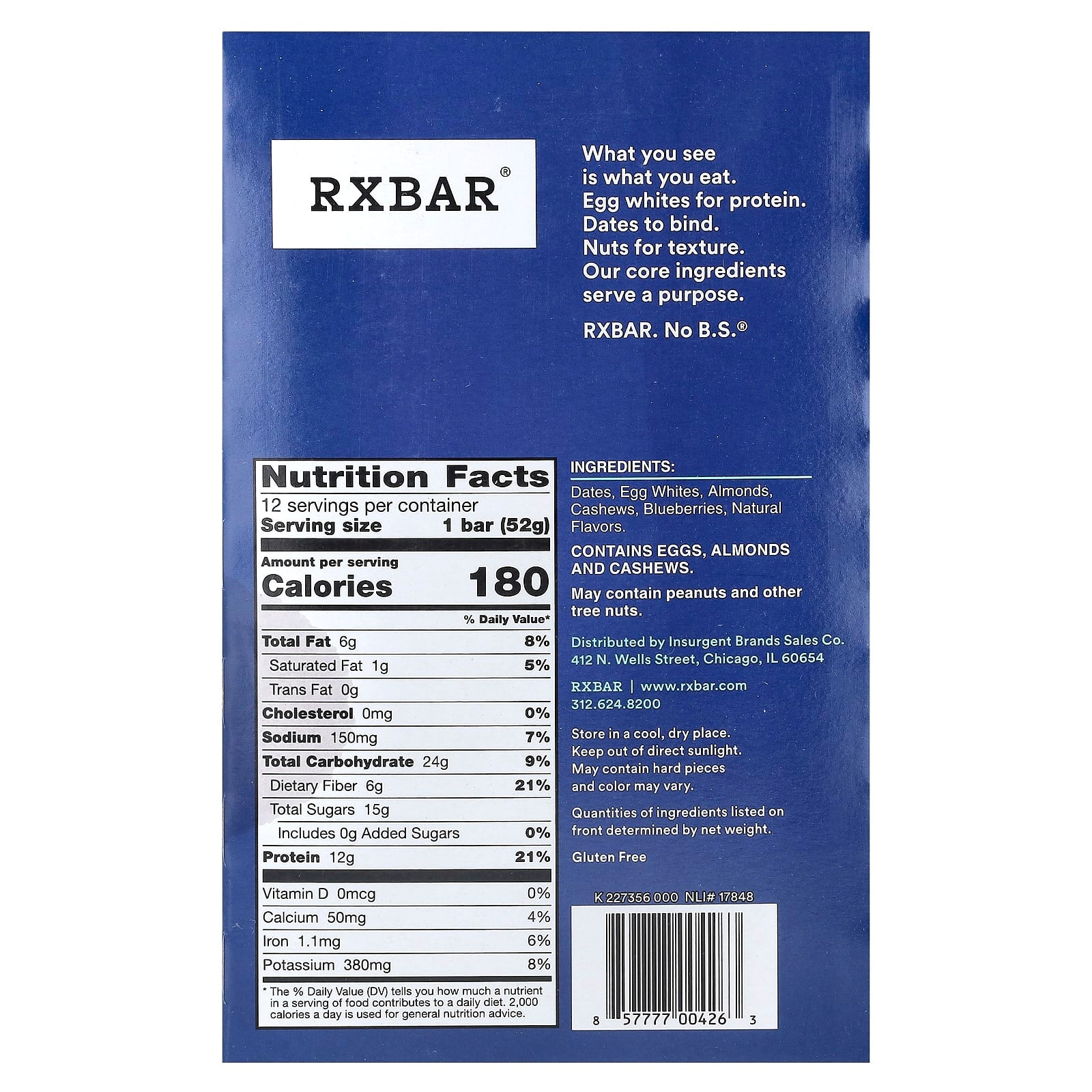 RXBAR, Protein Bar, Blueberry, 12 Bars, 1.8 oz (52 g) Each - Image 2